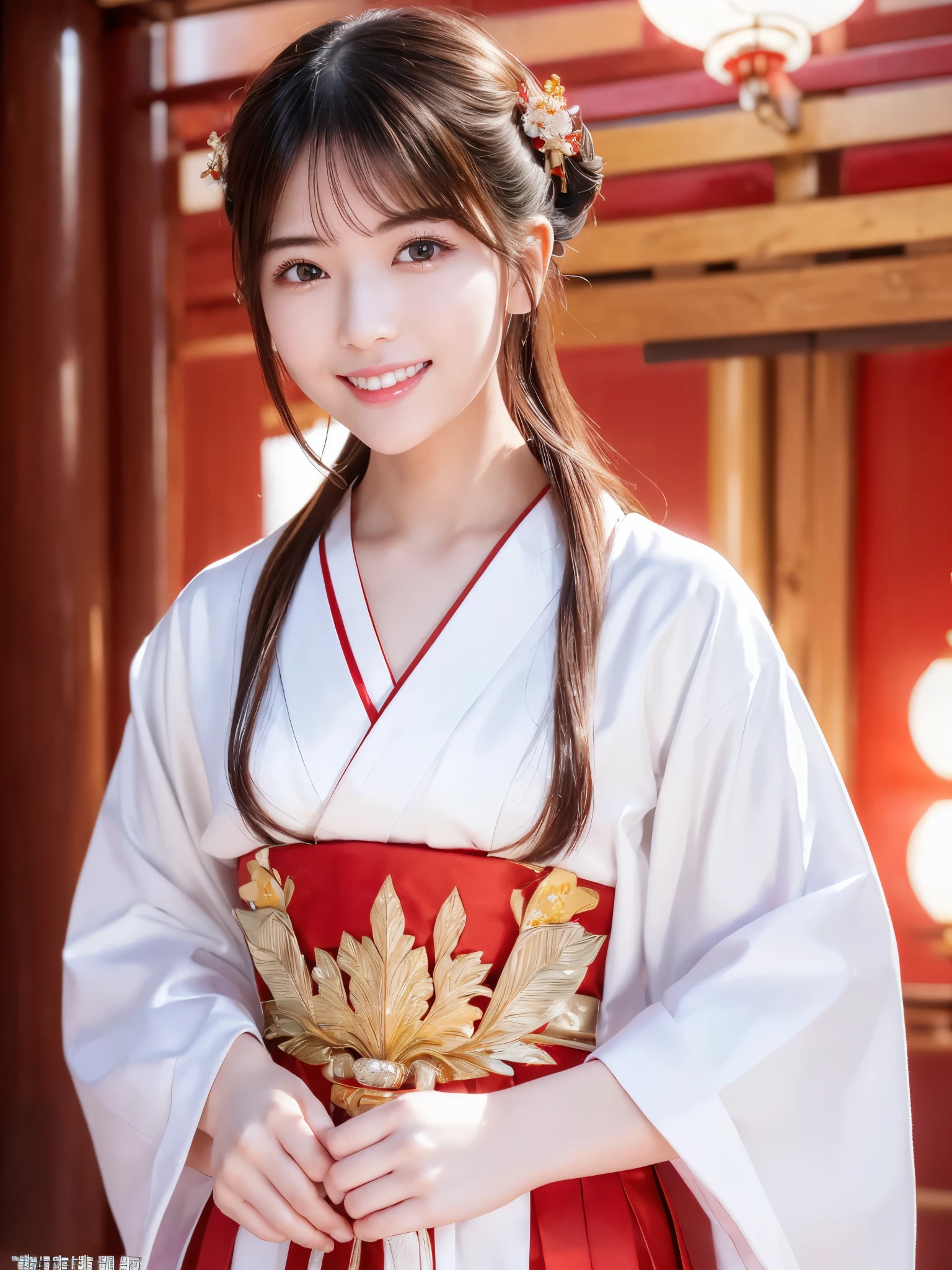 ( face close-up:1.2)、 top quality、 ultra high definition、(Photographically: 1.3)、 beautiful eyes、 very beautiful、 shiny hair 、Mature and elegant、(smile、smile:1.4)、(kawaii miko girl, wearing japanese white clothes,red hakama, in a Japanese shrine, 45 angle by krenz cushart and Mucha, golden hour lighting, strong rim light, intense shadows)