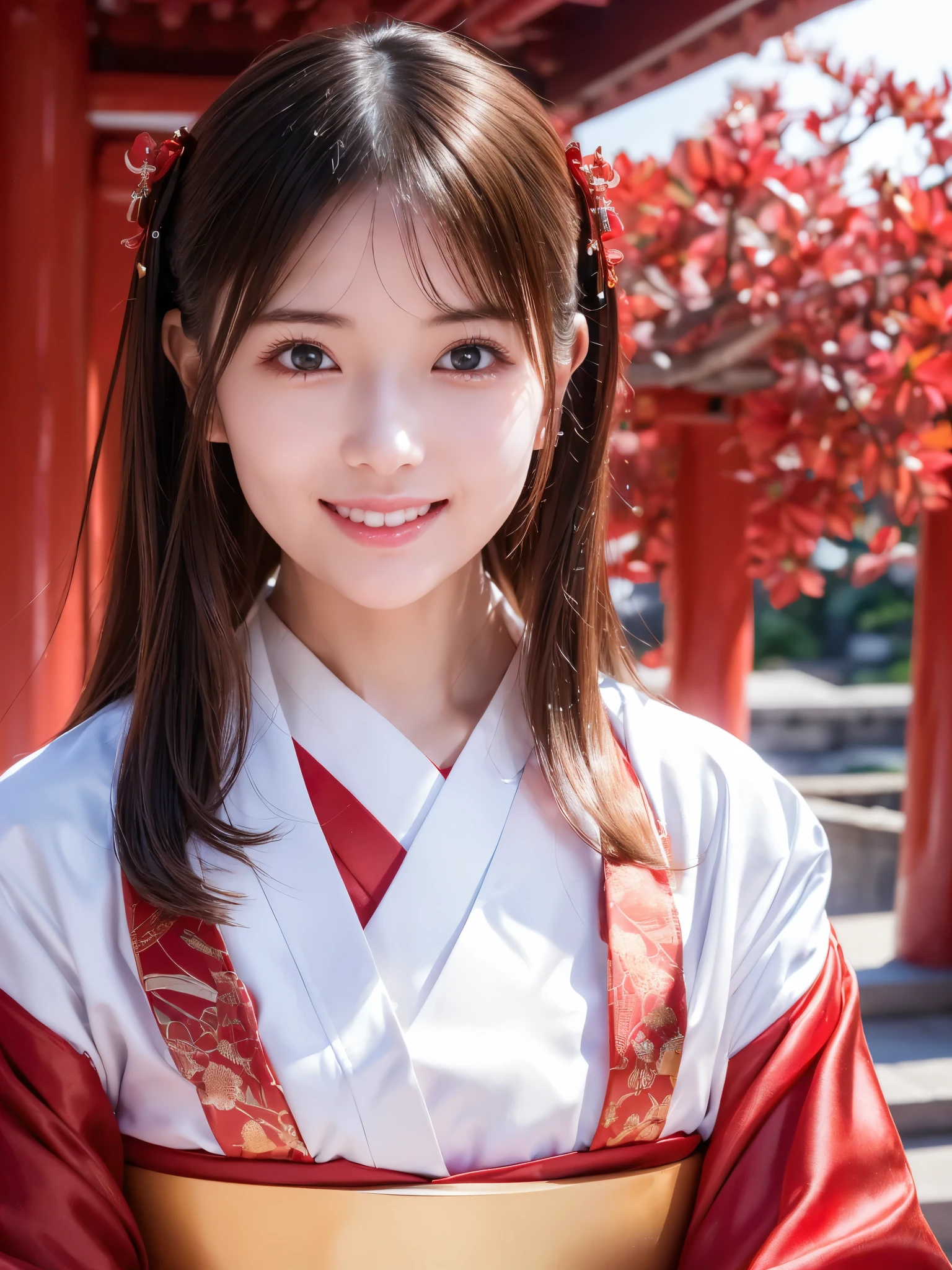 ( face close-up:1.2)、 top quality、 ultra high definition、(Photographically: 1.3)、 beautiful eyes、 very beautiful、 shiny hair 、Mature and elegant、(smile、smile:1.4)、(kawaii miko girl, wearing japanese white clothes,red hakama, in a Japanese shrine, 45 angle by krenz cushart and Mucha, golden hour lighting, strong rim light, intense shadows)
