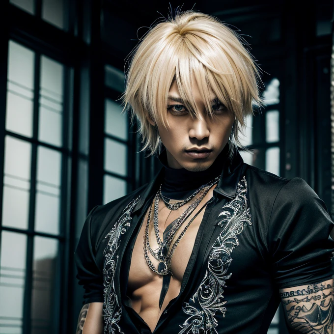 1 man, male, Japanese man, Visual Kai hairstyle, ultra detailed face and body, hyperrealistic, realistic representation, muscular, broad shoulders, tattoos gothic style, Visual Kei style, hairstyle Visual Kei, blond, long hair, 40 years old, age 40, outfit gothic , men's shirt and black pants, Asian eyes, eyes, Visual Kei hairstyle