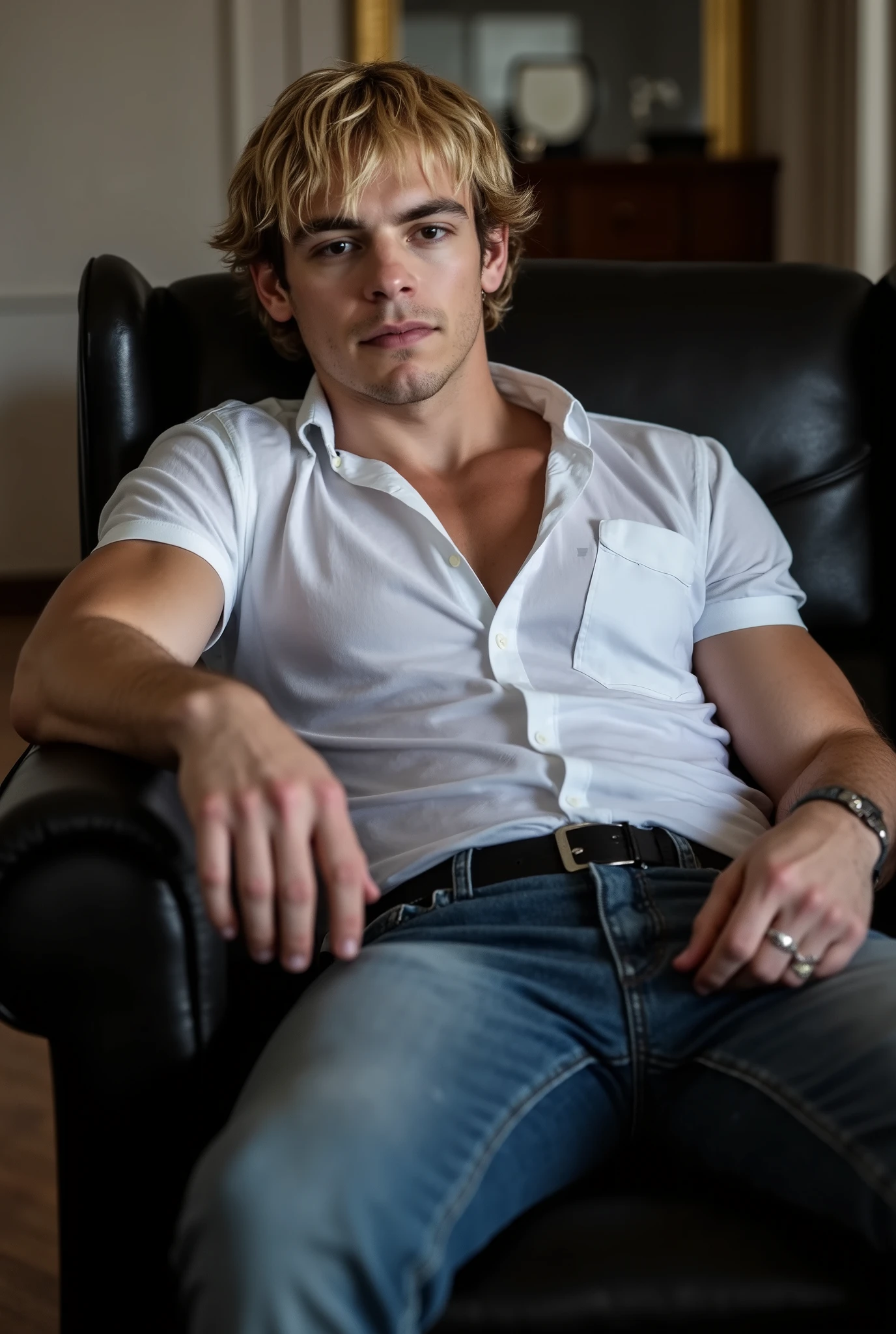 Ross Lynch, a high-resolution photo of a confident Ross Lynch, sitting in a hotel bedroom, leaning casually back in an arm chair. He is dressed in a tight fitted white button-up shirt, the top buttons of his shirt undone to reveal a hint of his athletic physique beneath, and narrow waist. He wears fitted denim jeans that highlight both his strong legs and his large bulge, with his legs spread wide. He exudes effortless smugness and confidence. Ross Lynch is looking at the viewer, with a look that could be described as a mixture of want and need. He is seated comfortably on a black armchair, one arm resting on the chair's back, with a relaxed yet confident posture