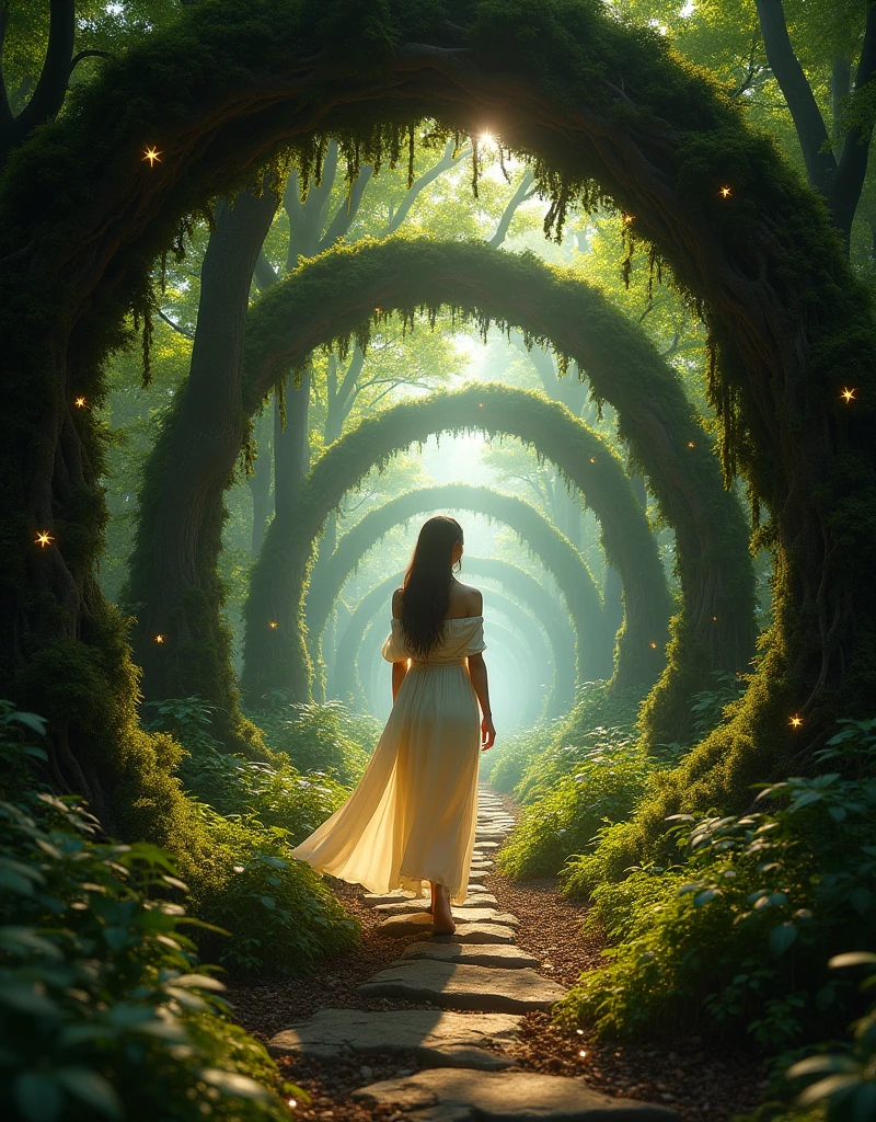 A mystical forest path is intertwined with moss-covered branches and vines forming a perfect spiral tunnel. Shining gold stars of various sizes are evenly spaced in the spiral structure and line the path. A woman in a white off-the-shoulder dress can be seen walking through the path from behind. In the background, dense green foliage spreads out, and sunlight filters through the trees, creating a fantastical atmosphere. At the back of the tunnel, a glowing light exists as a focal point, giving a sense of three-dimensional depth and mystery. The scene exudes an enchanting, otherworldly atmosphere, fusing the organic texture of the moss and vines with the fantastical glow of the sparkling gold stars.