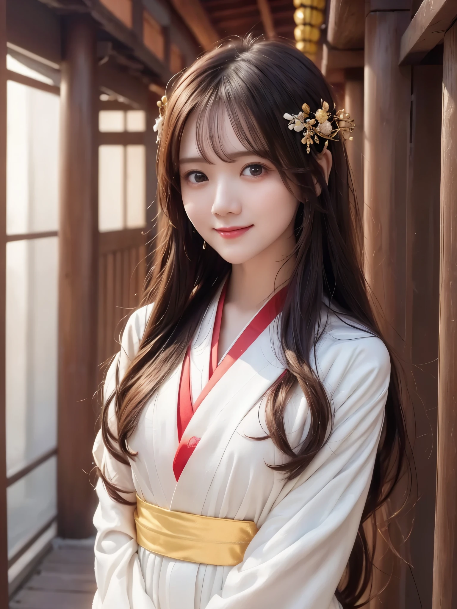 ( face close-up:1.3)、 ( highest image quality taken by Ki, ultra high definition, Masterpiece: 1.4)、 beautiful eyes、 very beautiful、 shiny hair 、Mature and elegant、(smile、smile:1.4)、(kawaii miko girl, wearing japanese white clothes,red hakama, in a Japanese shrine, 45 angle by krenz cushart and Mucha, golden hour lighting, strong rim light, intense shadows)