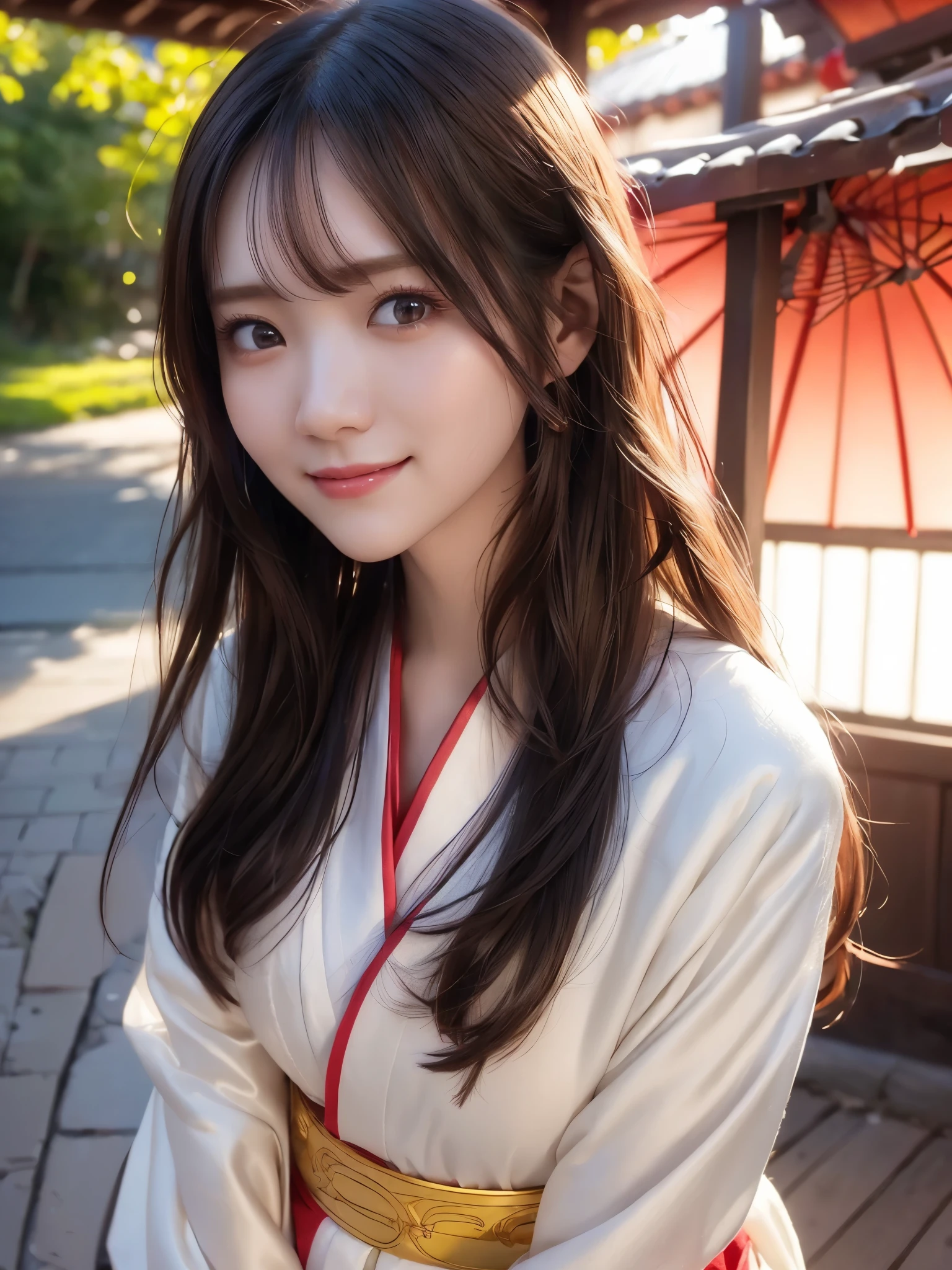 ( face close-up:1.3)、 ( highest image quality taken by Ki, ultra high definition, Masterpiece: 1.4)、 beautiful eyes、 very beautiful、 shiny hair 、Mature and elegant、(smile、smile:1.4)、(kawaii miko girl, wearing japanese white clothes,red hakama, in a Japanese shrine, 45 angle by krenz cushart and Mucha, golden hour lighting, strong rim light, intense shadows)