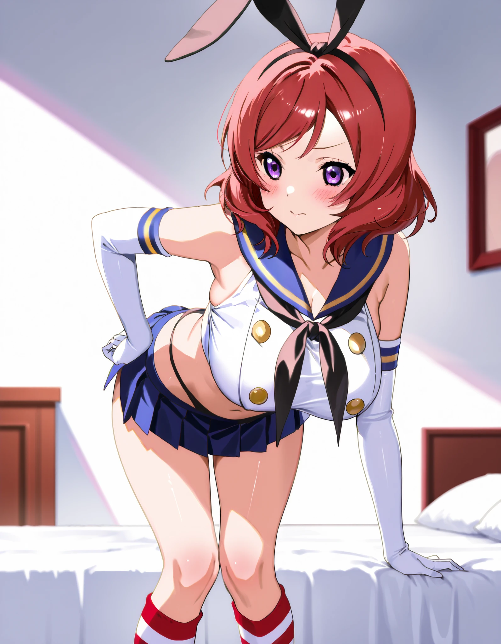  top quality,Shimakaze Cosplay、 black neckerchief、Blue mini skirt、red and white striped knee socks、Black panties、 blue sailor color、white elbow gloves、black rabbit ears 、Maki Nishikino、 redhead、 short hair 、 purple eyes、Big Breasts、 happy、White bedroom、blush、 is standing、 lean forward