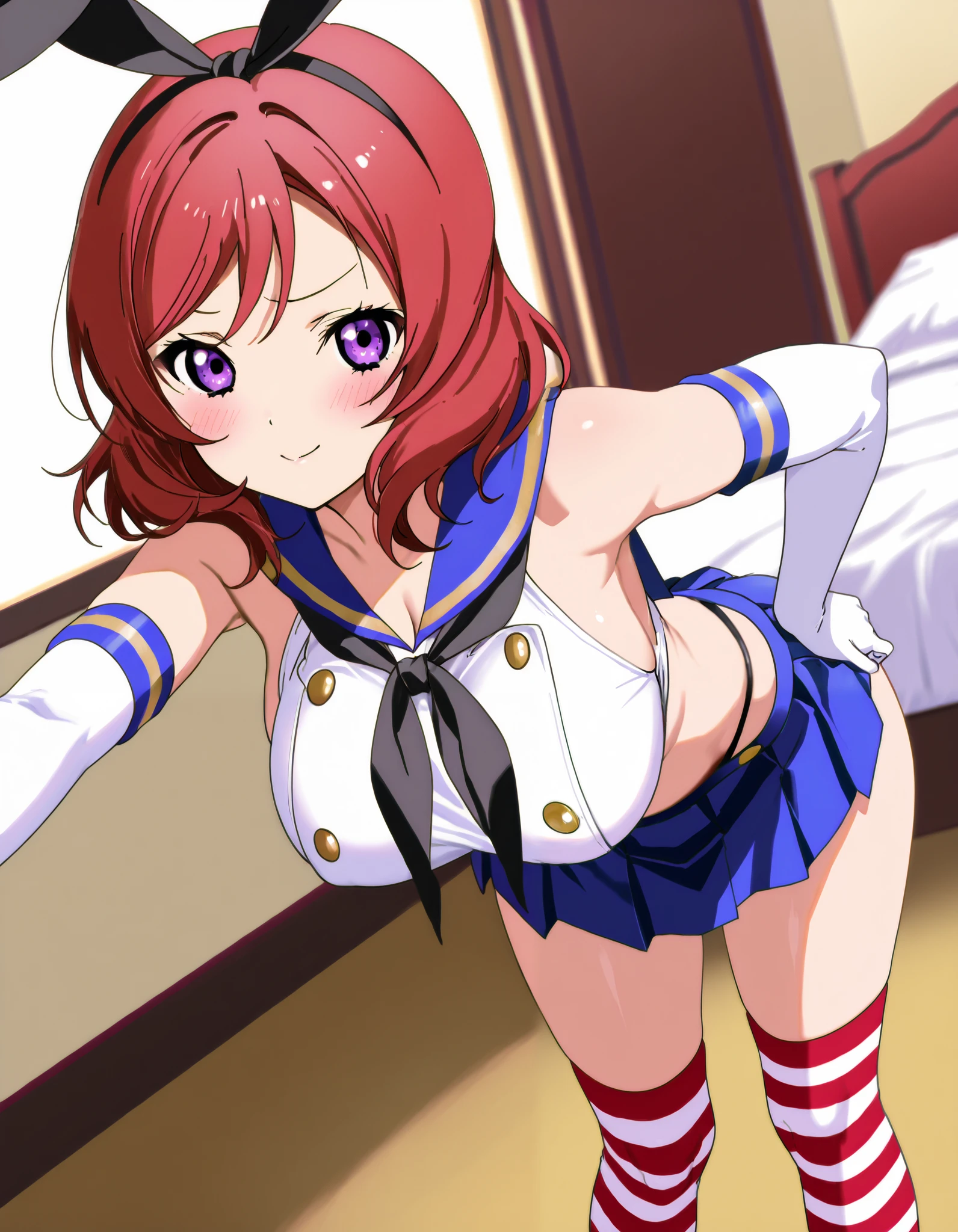  top quality,Shimakaze Cosplay、 black neckerchief、Blue mini skirt、red and white striped knee socks、Black panties、 blue sailor color、white elbow gloves、black rabbit ears 、Maki Nishikino、 redhead、 short hair 、 purple eyes、Big Breasts、 happy、White bedroom、blush、 is standing、 lean forward