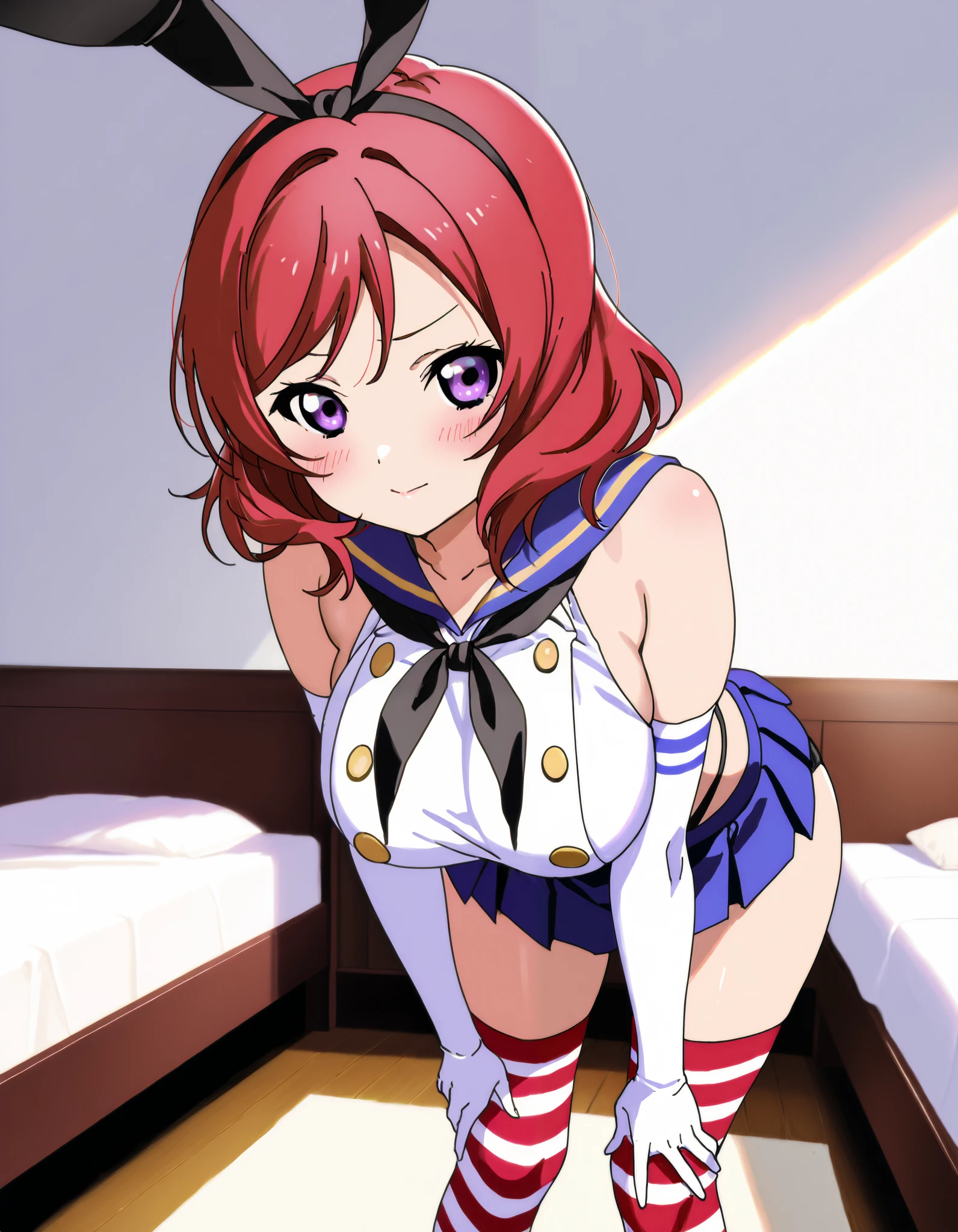  top quality,Shimakaze Cosplay、 black neckerchief、Blue mini skirt、red and white striped knee socks、Black panties、 blue sailor color、white elbow gloves、black rabbit ears 、Maki Nishikino、 redhead、 short hair 、 purple eyes、Big Breasts、 happy、White bedroom、blush、 is standing、 lean forward