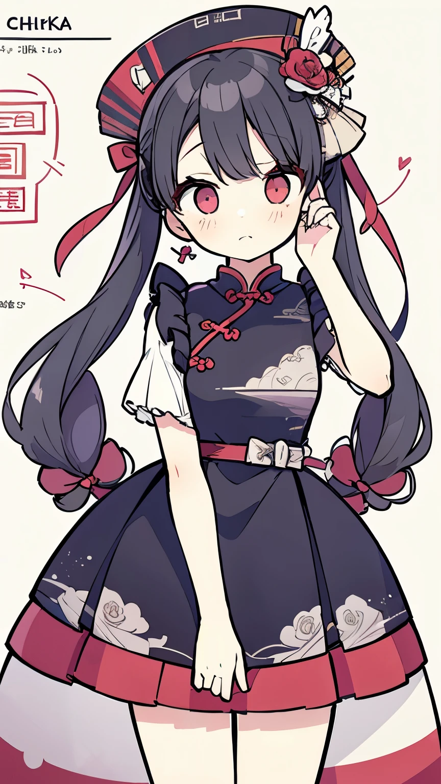 1 girl, bangs, red eyes, Chinese style dresses,ta, cowboy shot, simple background, Setting diagram, standing picture , Character Design Drawing , anime,