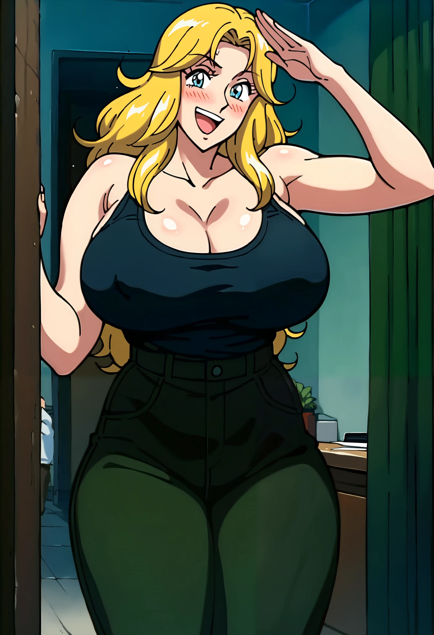 (((official art))), Uncensored, rating_explicit, absurdres, masterpiece, (Jodie Karen Bakuryuu, blue eyes, blonde wavy hair,), anime, BREAK, smile, blushing, open mouth, BREAK salute, (black tank top shirt, long pants, camouflaged pants), ultra huge breasts, slim waist, 