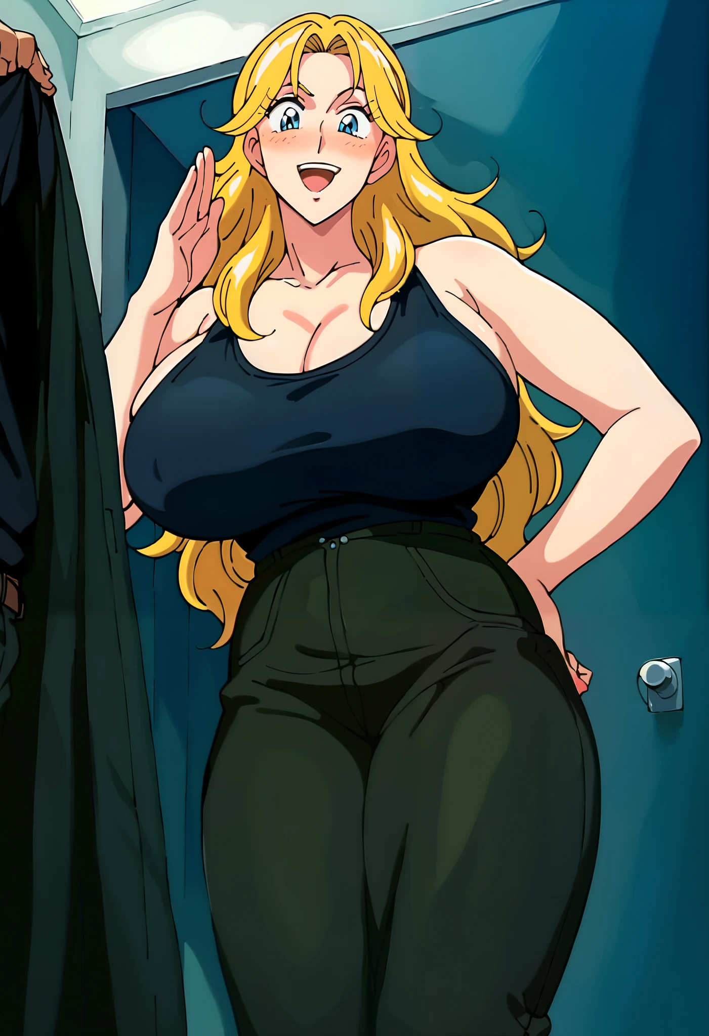 (((official art))), Uncensored, rating_explicit, absurdres, masterpiece, (Jodie Karen Bakuryuu, blue eyes, blonde wavy hair,), anime, BREAK, smile, blushing, open mouth, BREAK salute, (black tank top shirt, long pants, camouflaged pants), ultra huge breasts, slim waist, 