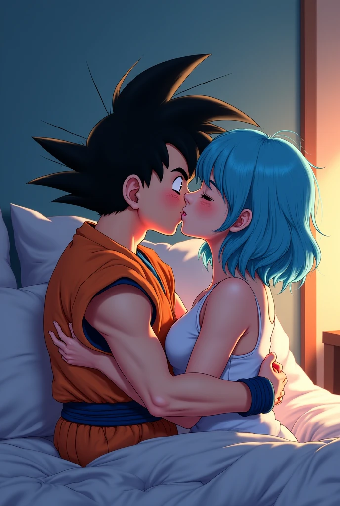 Bulma and Goku in bed kissing passionately (dragon ball)