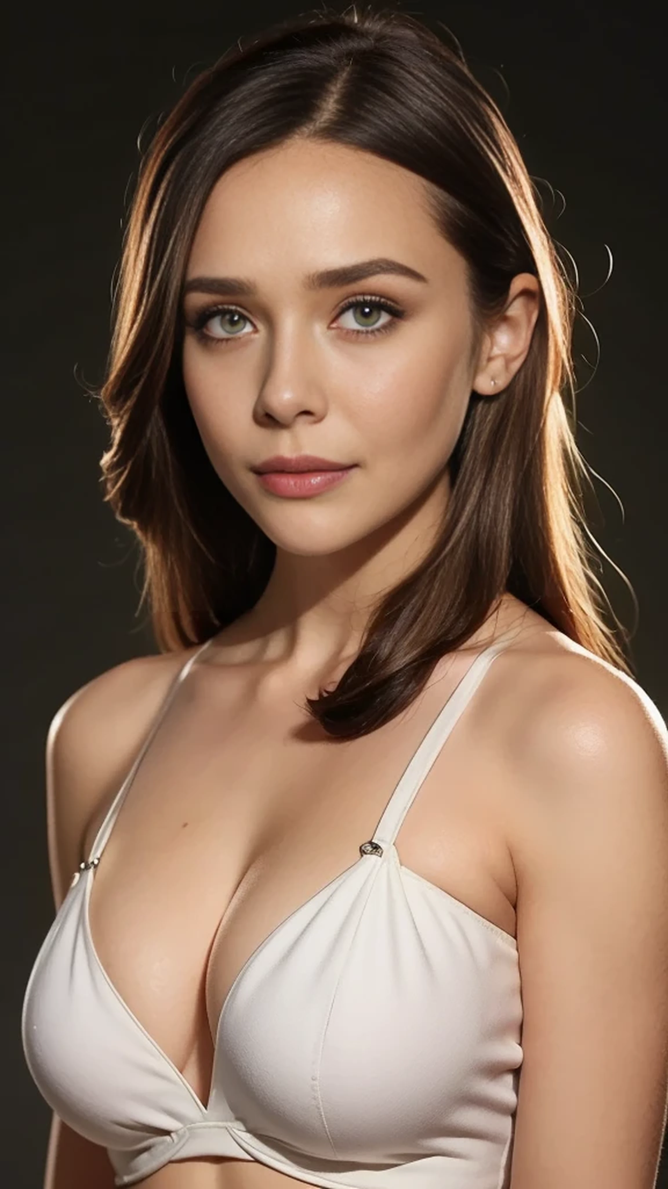 Highest quality, outstanding details, super high resolution, (fidelity: 1.4), the best illustration, favor details, highly condensed 1girl, with a delicate and beautiful face, delicate collarbone, shyness. long brown hair, huge breasts, half body portrait, looking at viewer, wearing a crop top, pale white skin, black background