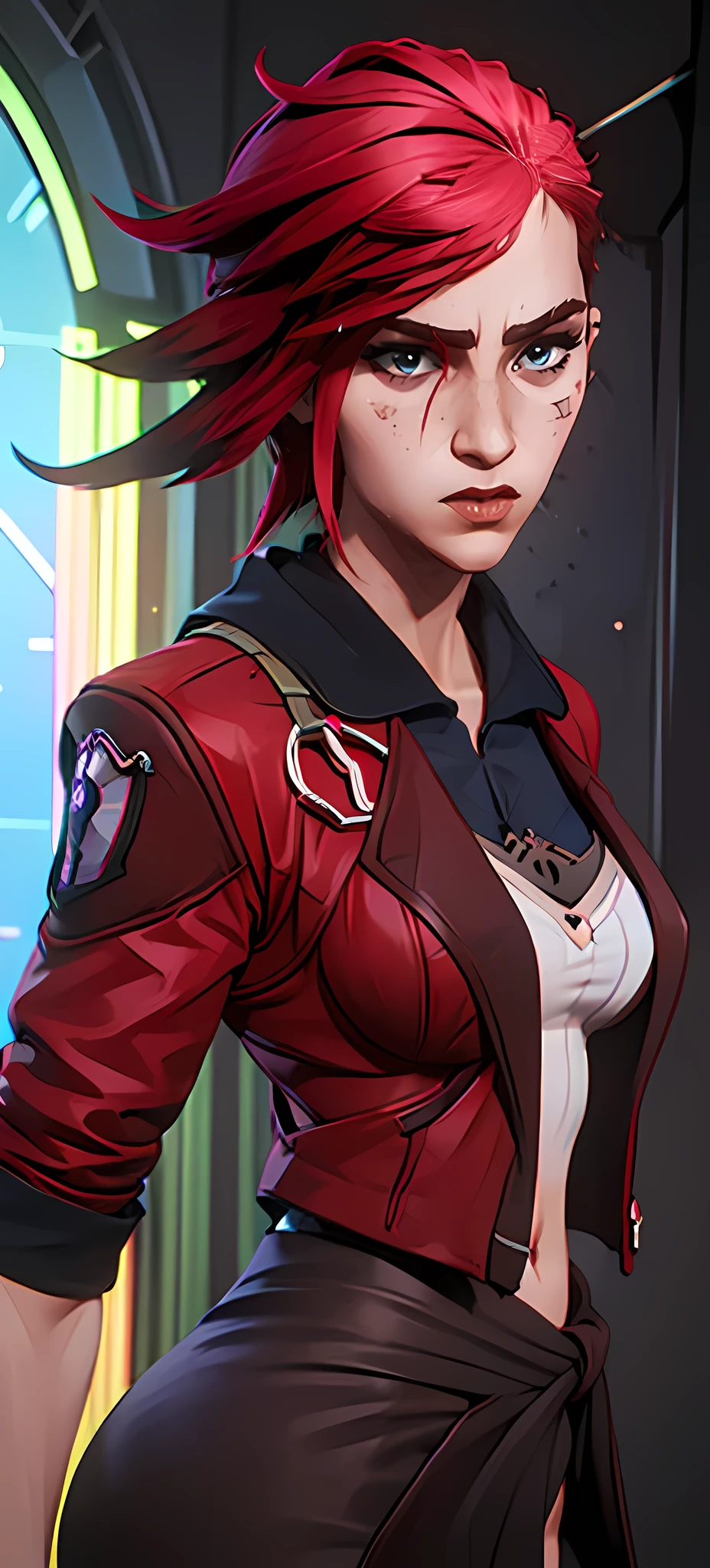 portraite of a, A girl,), portraite of a, A girl,), neon city, facial focus, enthusiasm, closeup face, Girl with short red hair. Saw from Arcane. red jacket. Saw from Arcane. redhead hair, Short hair, ( sharp eyes, perfect face (),(perfect anatomy, Correct proportions) Very detailed face, Very beautiful face, Very sexy ass, medium breasts, wide waist, tmasterpiece,beste-Qualit,higly detailed, 8K resolution (((showing big ass)) ) (((half naked)))