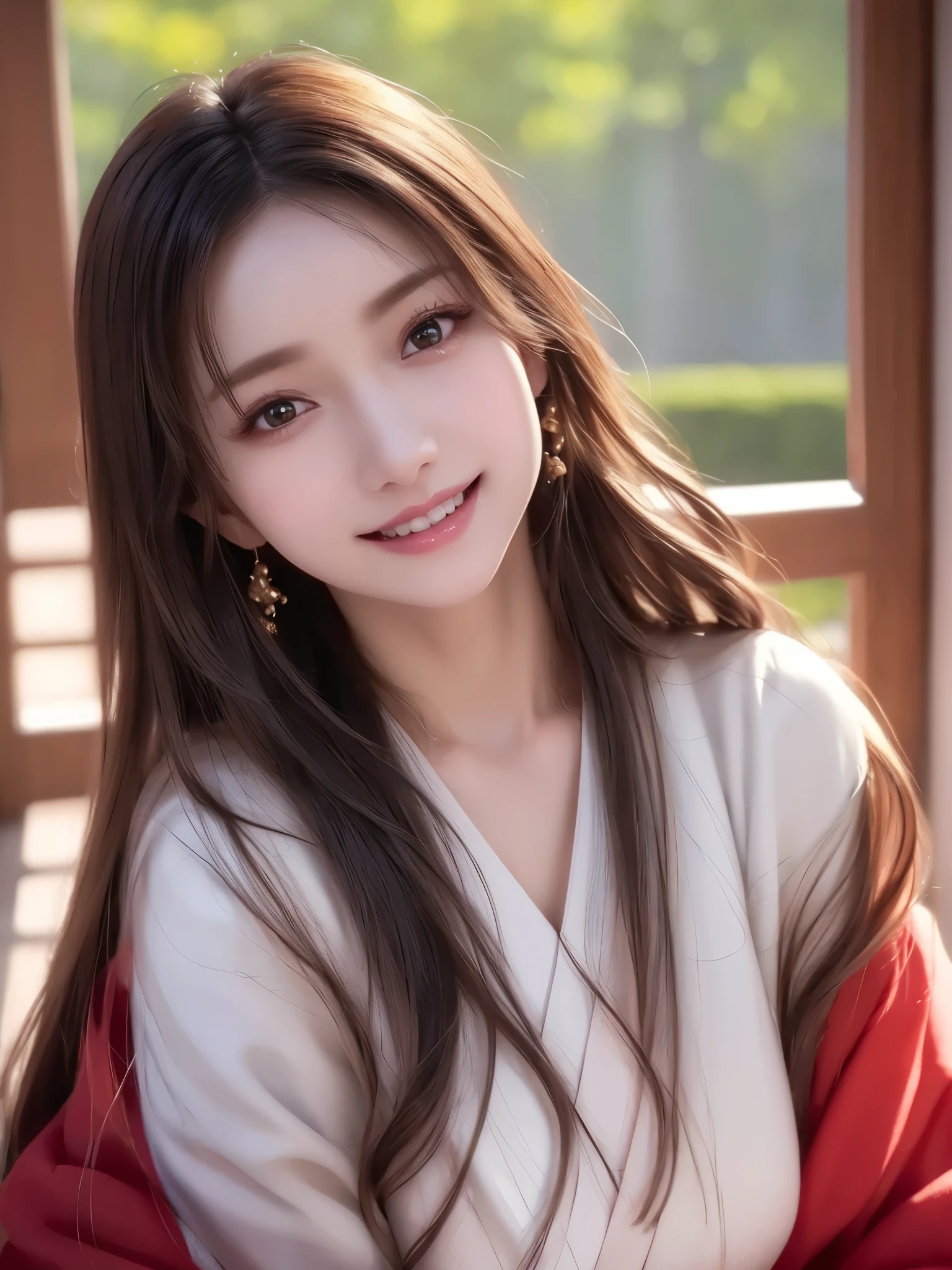 ( face close-up:1.3)、 ( highest image quality taken by Ki, ultra high definition, Masterpiece: 1.4)、 beautiful eyes、 very beautiful、 shiny hair 、Mature and elegant、(smile、smile:1.4)、(kawaii miko girl, wearing japanese white clothes,red hakama, in a Japanese shrine, 45 angle by krenz cushart and Mucha, golden hour lighting, strong rim light, intense shadows)