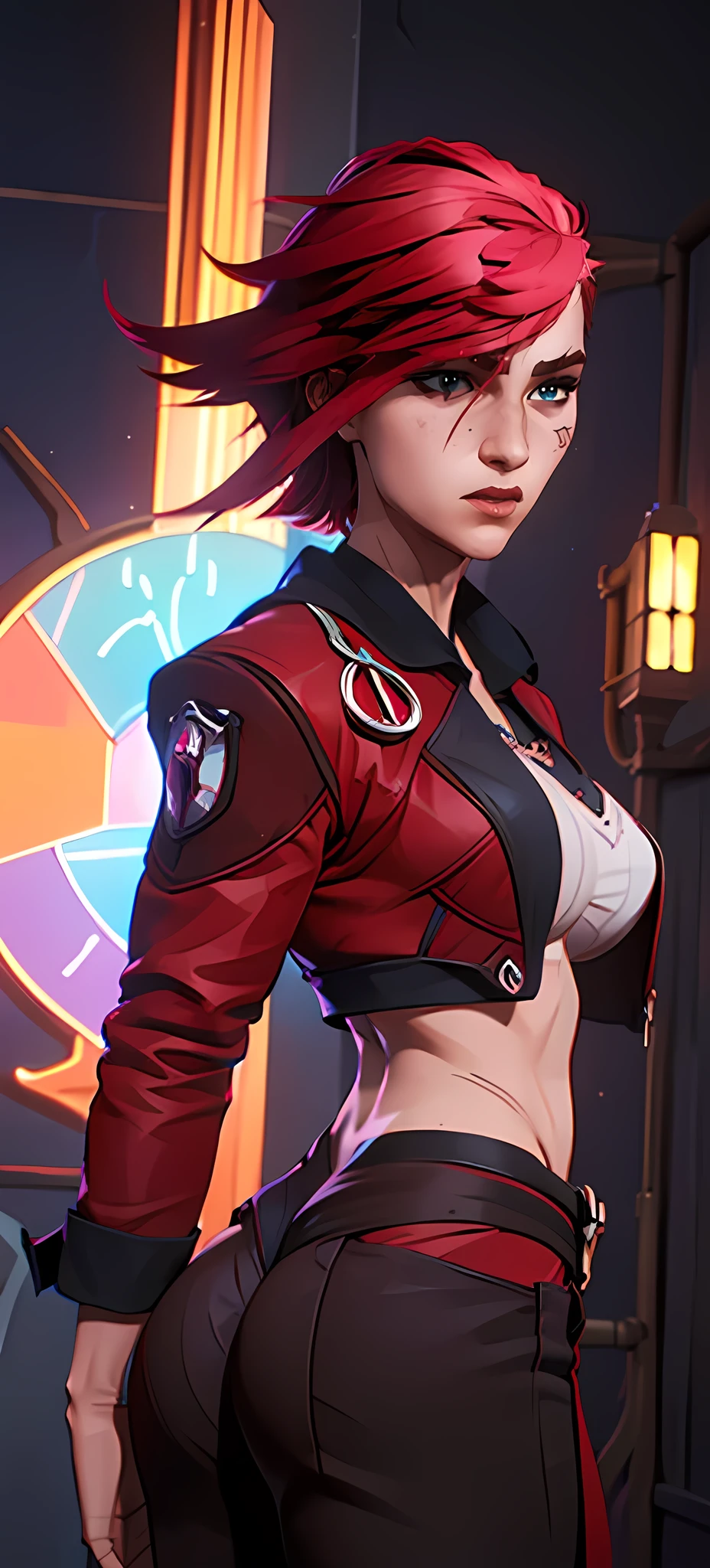 portraite of a, A girl,), portraite of a, A girl,), neon city, facial focus, enthusiasm, closeup face, Girl with short red hair. Saw from Arcane. red jacket. Saw from Arcane. redhead hair, Short hair, ( sharp eyes, perfect face (),(perfect anatomy, Correct proportions) Very detailed face, Very beautiful face, Very sexy ass, medium breasts, wide waist, tmasterpiece,beste-Qualit,higly detailed, 8K resolution (((showing big ass)) ) (((half naked)))
