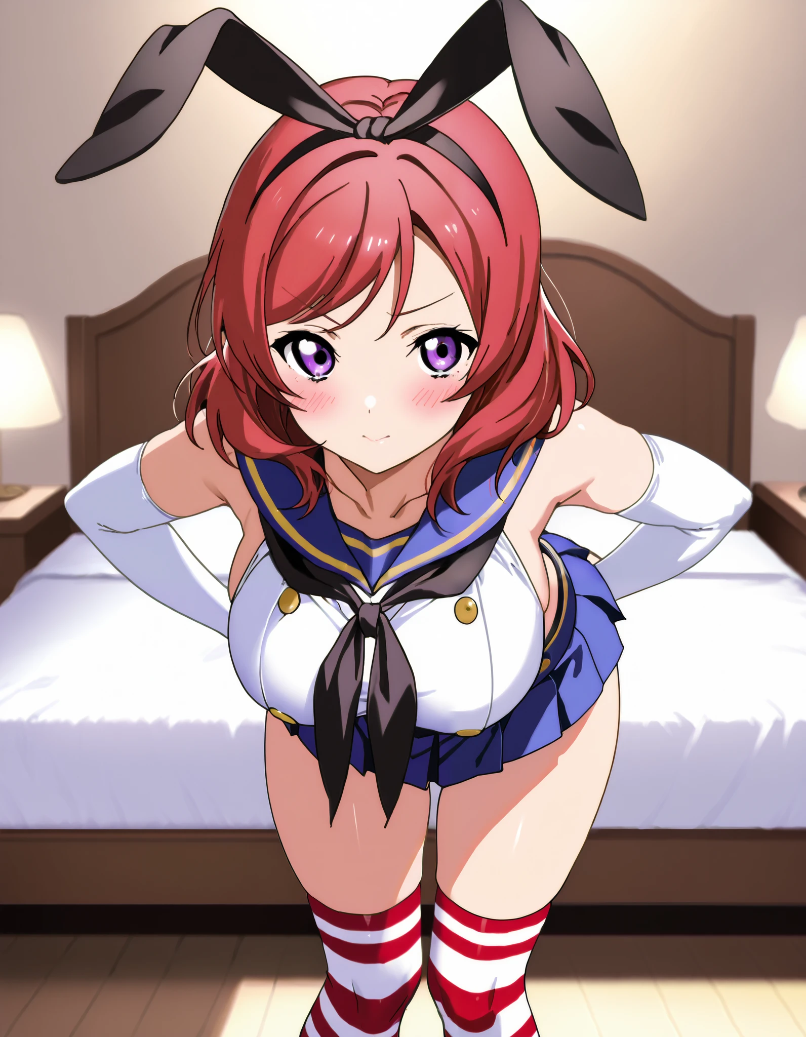  top quality,Shimakaze Cosplay、 black neckerchief、Blue mini skirt、red and white striped knee socks、Black panties、 blue sailor color、white elbow gloves、black rabbit ears 、Maki Nishikino、 redhead、 short hair 、 purple eyes、Big Breasts、 happy、White bedroom、blush、 is standing、 lean forward