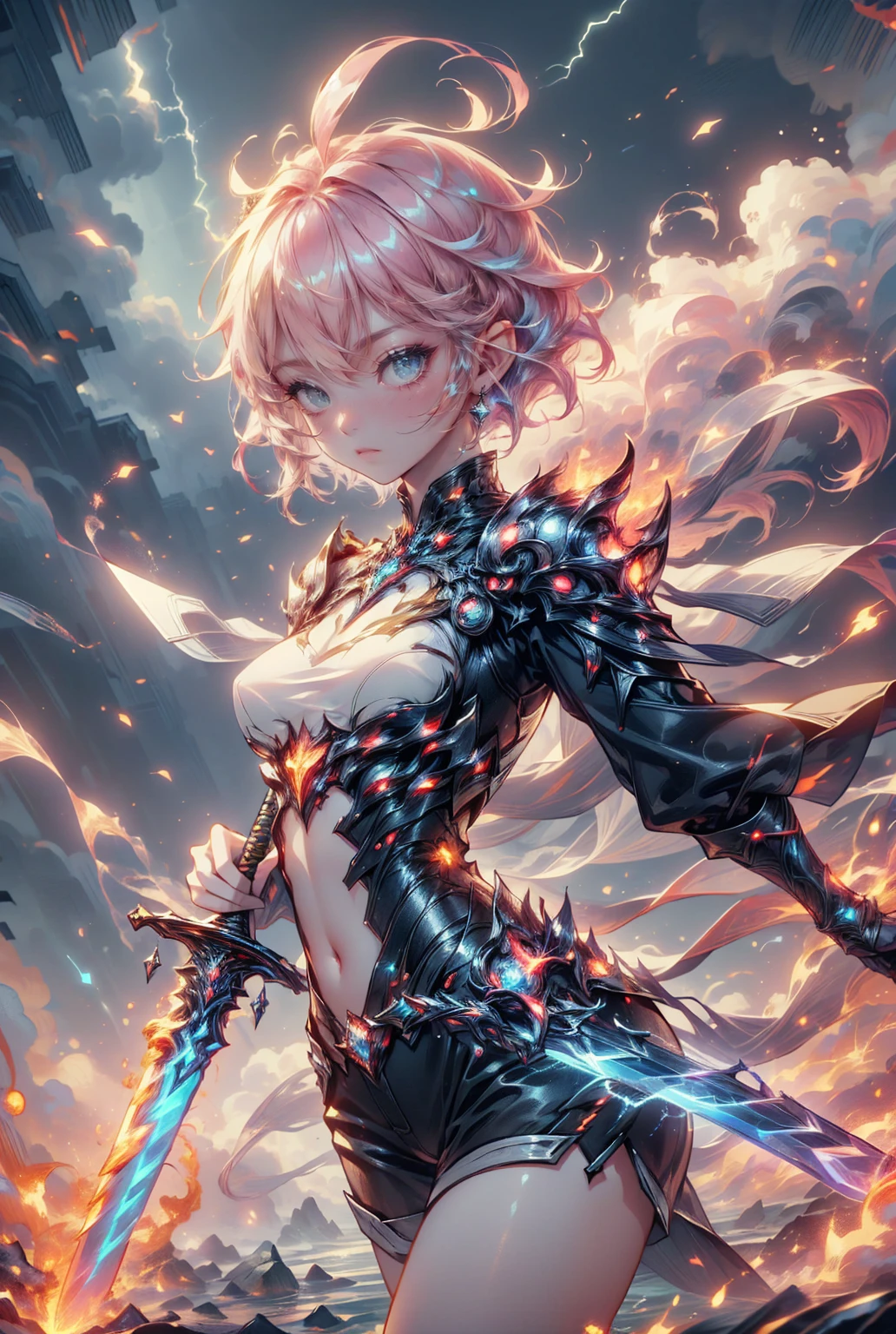 (master piece),(high resolution),(8k),(high detail),(high quality),(super detail),
1girl,solo,cool,(((pink short hair,blue eyes))), Fluttering heart,
holding a sword,(((lightning sword))),magical sword,
dynamic pose,battle scene,thunder,spark, illusion effect,fantastic,elemental,fire,flame sword,