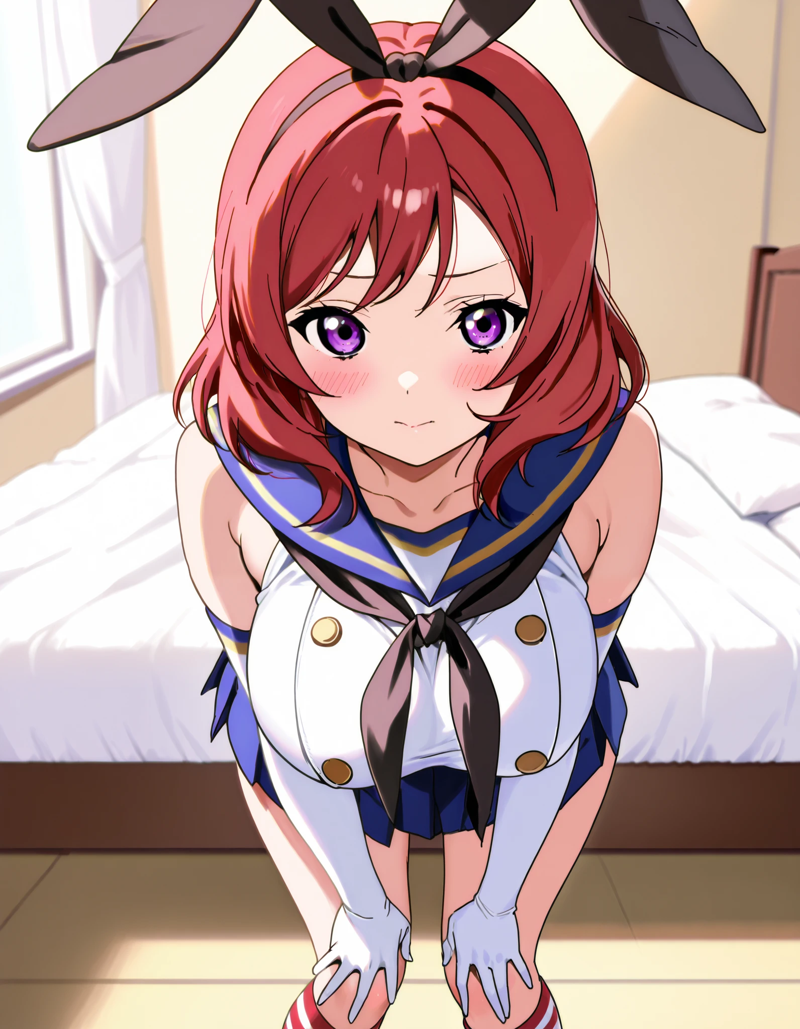  top quality,Shimakaze Cosplay、 black neckerchief、Blue mini skirt、red and white striped knee socks、Black panties、 blue sailor color、white elbow gloves、black rabbit ears 、Maki Nishikino、 redhead、 short hair 、 purple eyes、Big Breasts、 happy、White bedroom、blush、 is standing、 lean forward