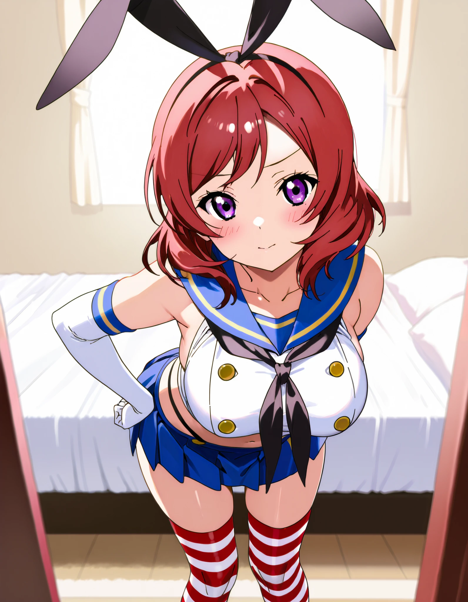  top quality,Shimakaze Cosplay、 black neckerchief、Blue mini skirt、red and white striped knee socks、Black panties、 blue sailor color、white elbow gloves、black rabbit ears 、Maki Nishikino、 redhead、 short hair 、 purple eyes、Big Breasts、 happy、White bedroom、blush、 is standing、 lean forward