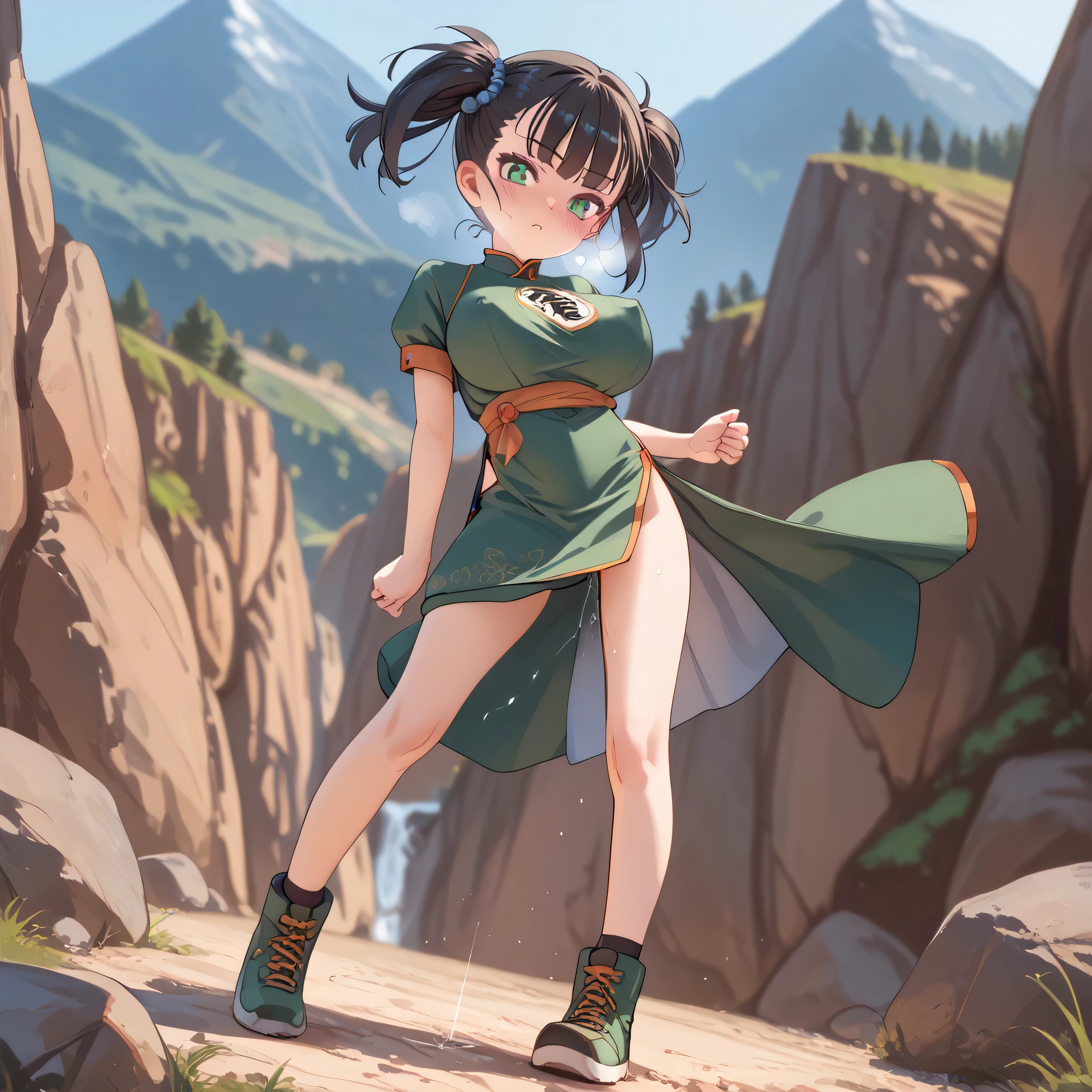 landscape, mountain, BREAK, skinny, 1 girl standing, fighter_dq3, (bouncing large breasts), (open legs), looking at viewer, BREAK, black short hair, (large breasts), bursting breasts, (too short torso), (too short waist), (too narrow waist:1.2), small stomach, skinny legs, (very long legs), BREAK, (green chinese dress:1.2), bared long legs, bottomless, slit, BREAK, nsfw, (pussy juice), coverd erectile nipples, nose blush, heavy breathing