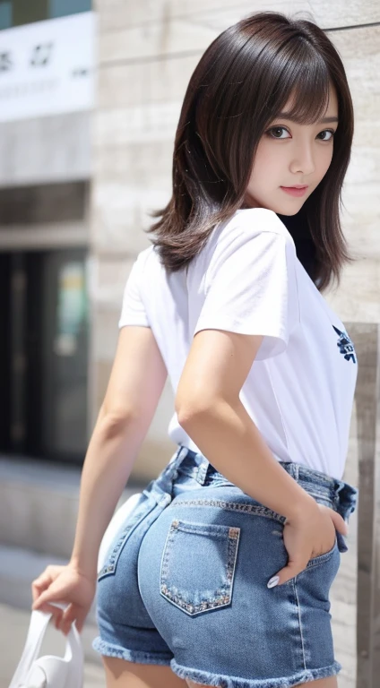 masterpiece、high quality、Japanese、18-year-old、cute、White T-shirt、(jeans)、tight、skinny、Back view、Big Ass、