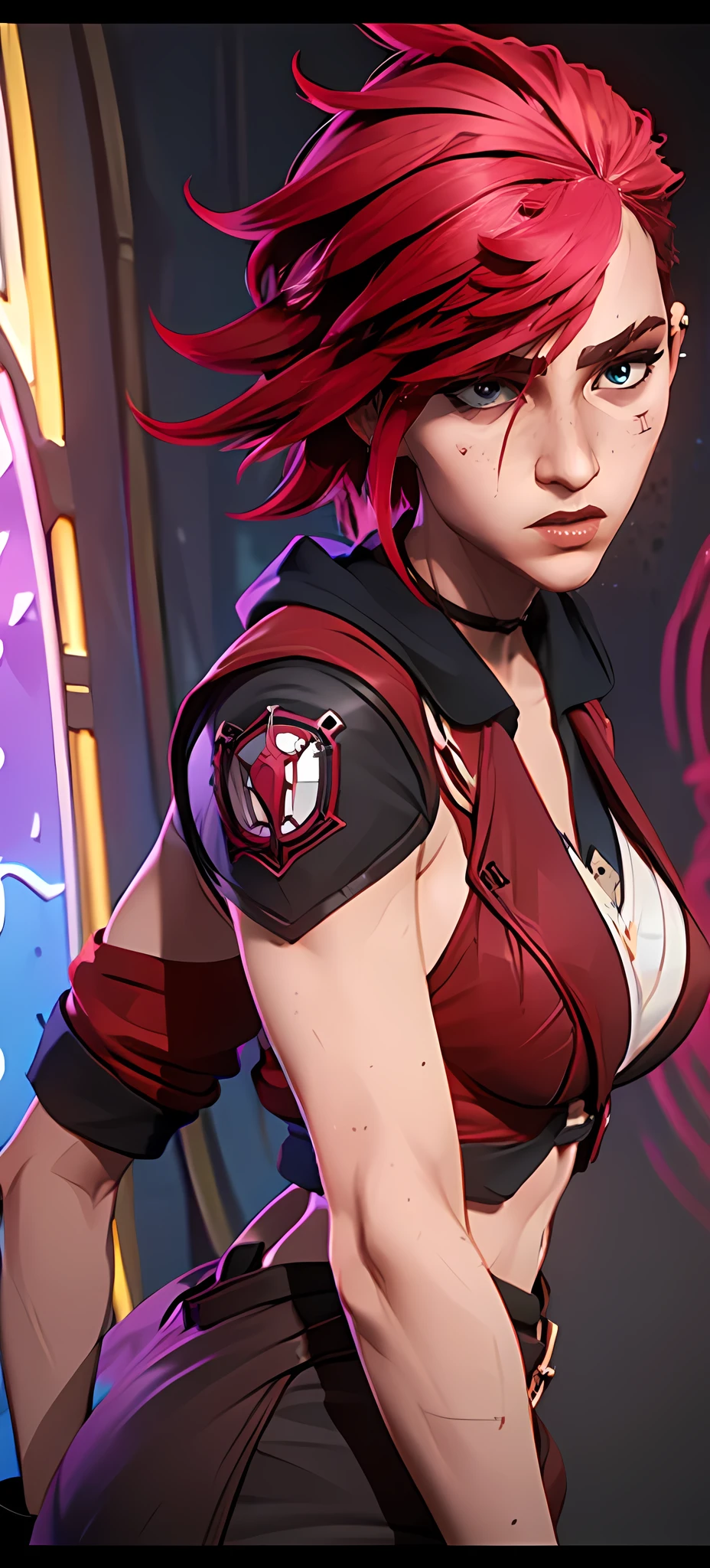portraite of a, A  girl,), portraite of a, A  girl,), neon city, facial focus, enthusiasm, closeup face, Girl with short red hair. Saw from Arcane. red jacket. Saw from Arcane. redhead hair, Short hair, ( sharp eyes, perfect face (),(perfect anatomy, Correct proportions) Very detailed face, Very beautiful face, Very sexy ass, medium breasts, wide waist, tmasterpiece，beste-Qualit，higly detailed, 8K resolution (((showing big ass)) ) (((half naked))) 