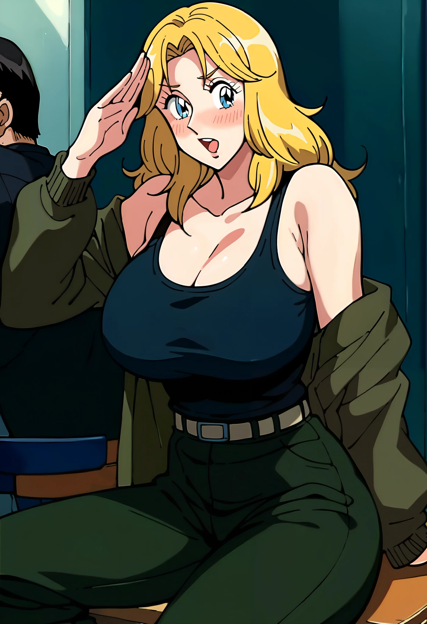 (((official art))), Uncensored, rating_explicit, absurdres, masterpiece, (Jodie Karen Bakuryuu, blue eyes, blonde wavy hair,), anime, BREAK, blushing, open mouth,, BREAK salute, (black tank top shirt, long pants, camouflaged pants), ultra huge breasts, slim waist, 