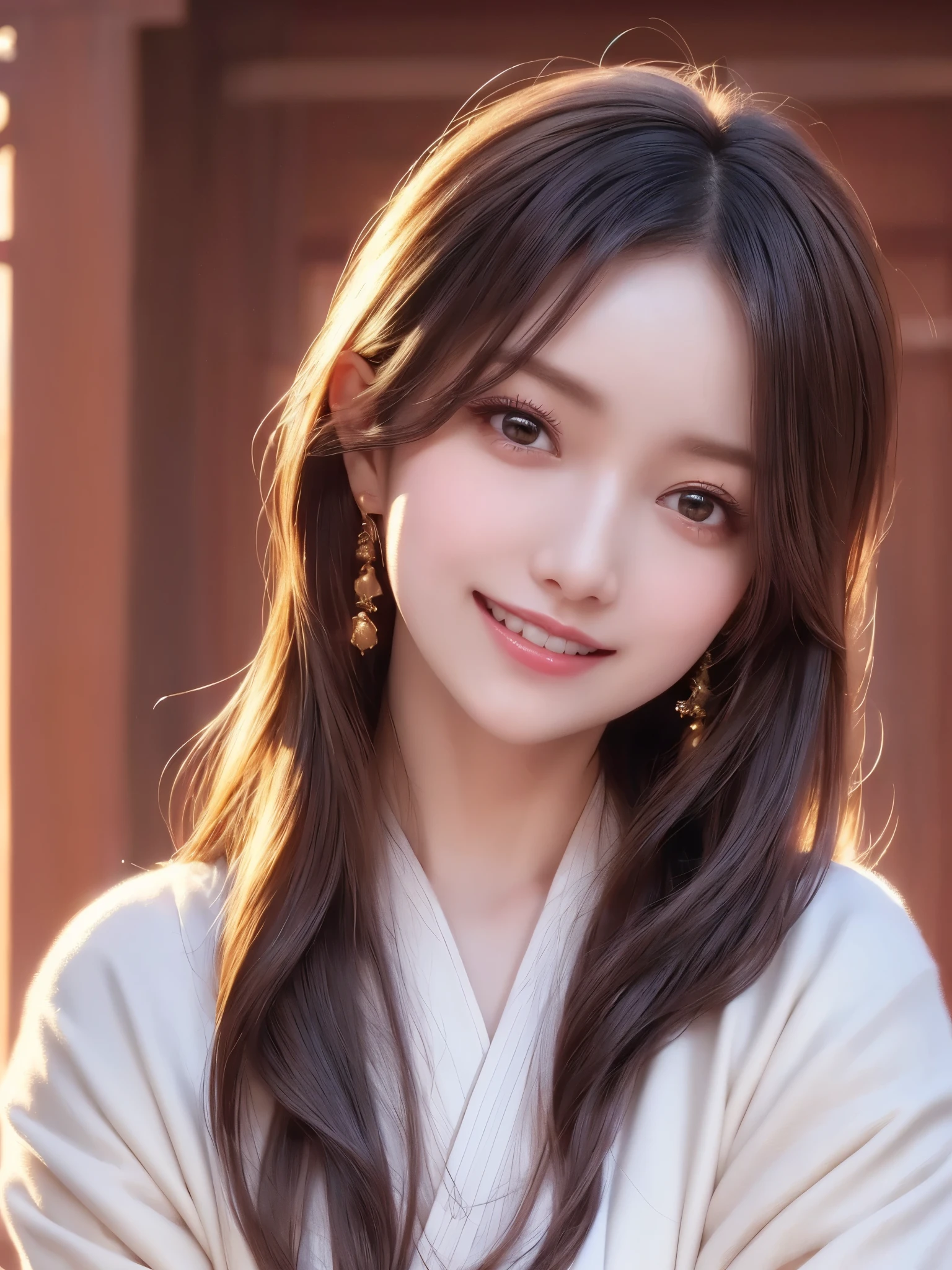 ( face close-up:1.3)、 ( highest image quality taken by Ki, ultra high definition, Masterpiece: 1.4)、 beautiful eyes、 very beautiful、 shiny hair 、 Half Up Hairstyle with Circus in the Background 、Mature and elegant、(smile、smile:1.4)、(kawaii miko girl, wearing japanese white clothes,red hakama, in a Japanese shrine, 45 angle by krenz cushart and Mucha, golden hour lighting, strong rim light, intense shadows)