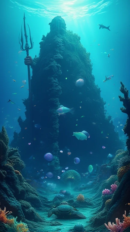 Beneath the shimmering blue ocean, a massive Titan holding a glowing trident into the seabed, anchoring colossal coral structures. Around him, bioluminescent jellyfish provide light, while schools of fish swim in synchronized patterns. Giant sea turtles and hammerhead sharks assist in clearing debris, creating the foundation of Atlantis.