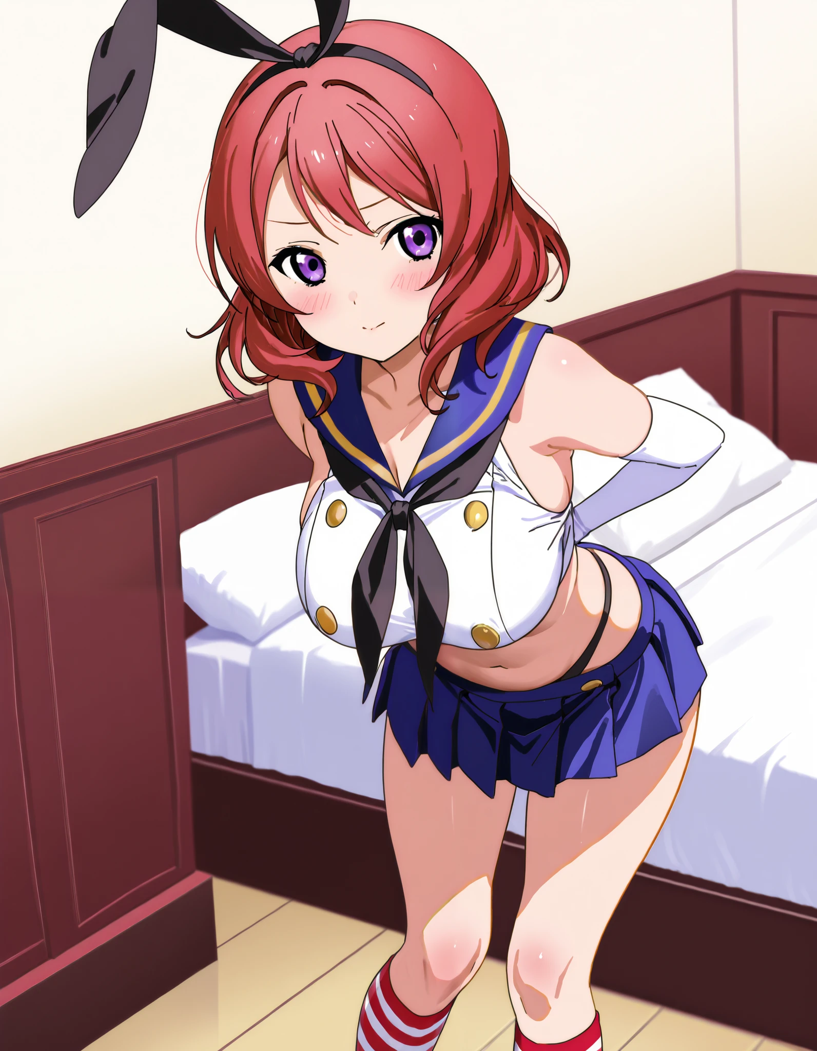  top quality,Shimakaze Cosplay、 black neckerchief、Blue mini skirt、red and white striped knee socks、Black panties、 blue sailor color、white elbow gloves、black rabbit ears 、Maki Nishikino、 redhead、 short hair 、 purple eyes、Big Breasts、 happy、White bedroom、blush、 is standing、 lean forward