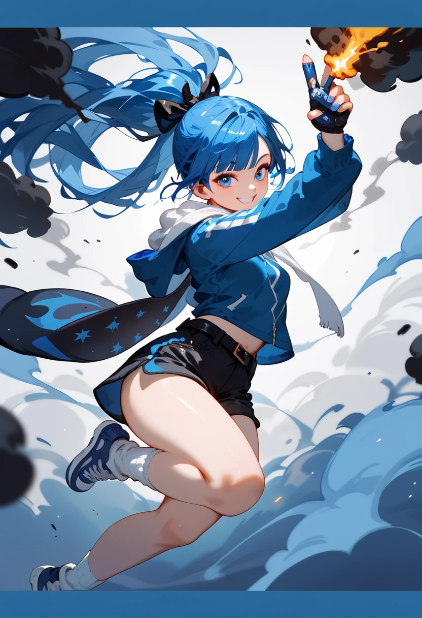 (best quality), (high detailed), (perfect body), (perfect face), one girl, Asian, smile, blue color hair, long hair, ponytail, blue eyes, small breasts, blue long-sleeve hoodie, black belt, white scarf, black shorts, white socks, blue trainers, smoke around the body, explosion background, no cloth strip on background, pistols, dynamic pose