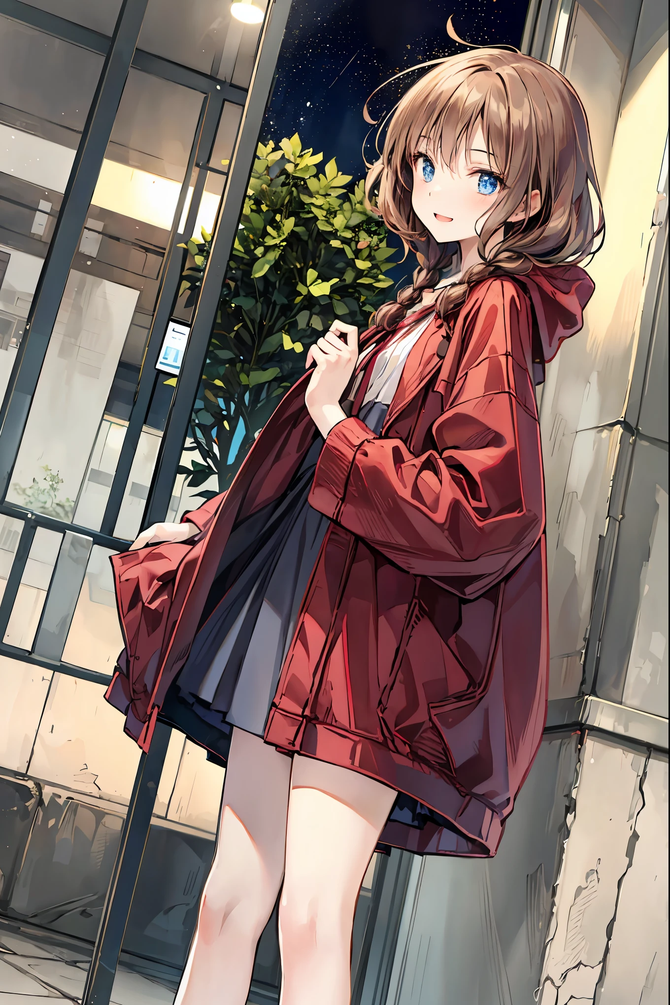Winter clothes、Red coat、Bare legs、(Speaking Heart), happy , open your mouth, close eyes, ( top quality ,Masterpiece:1.3, Ultra-fine ),( very detailed, caustics ,8k),( realistic :1.4,RAW shooting),18 years old, Japanese , cute, Looking at the camera and smiling ,( faces :1.2),( low angle:1.4), slender beauty , messy hair,Cityscape, brown hair, Shortcut , Unkempt Hair ,Short braided hair,Neat, slender beautiful woman,Correct posture,Small chest, Beautiful Legs, Her enchanting gray-blue eyes shine like stars,Droopy eyes, bright color, beautiful eyes,A delicate smile,Textured Skin, Best Quality at its Best , gentle and beautiful woman , anime style、
