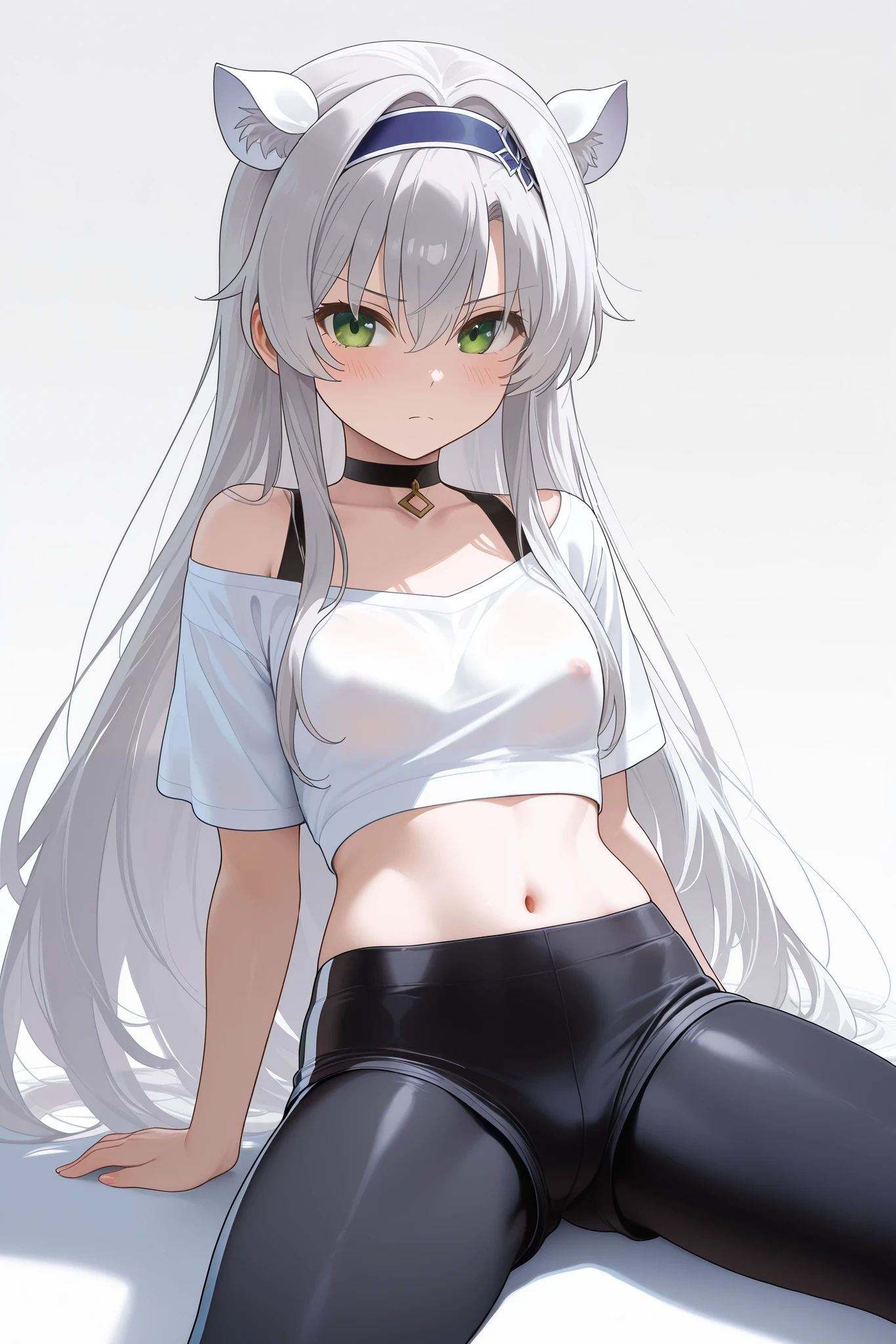 NSFW,masterpiece, top quality, high definition, very detailed,Sistine＝Fiebel 、 Roku Denashi Magi Instructor and Akashic Records、 green eyes、 gray hair、stupid hair、 small breasts、 long hair、 Blue Hairband 、 fake animal ears ,leggings shorts, crop top, off shoulder,Short sleeve