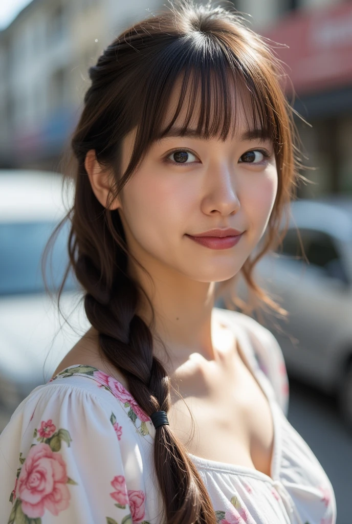 Are standing, Full body photo, Daytime view, Paris background, Professional director, Professional Lighting, (Highest quality, 12896k,masterpiece), Very cute small round face, Red lipstick, Larger lips, Japanese Idol, Big Breasts, clavicle, White Dress, Ultra HD, (Photorealistic:1.1), RAW Photo, One Girl, Beautiful eyes, Very big breasts and big eyes,Twin tails, Black brown hair, 