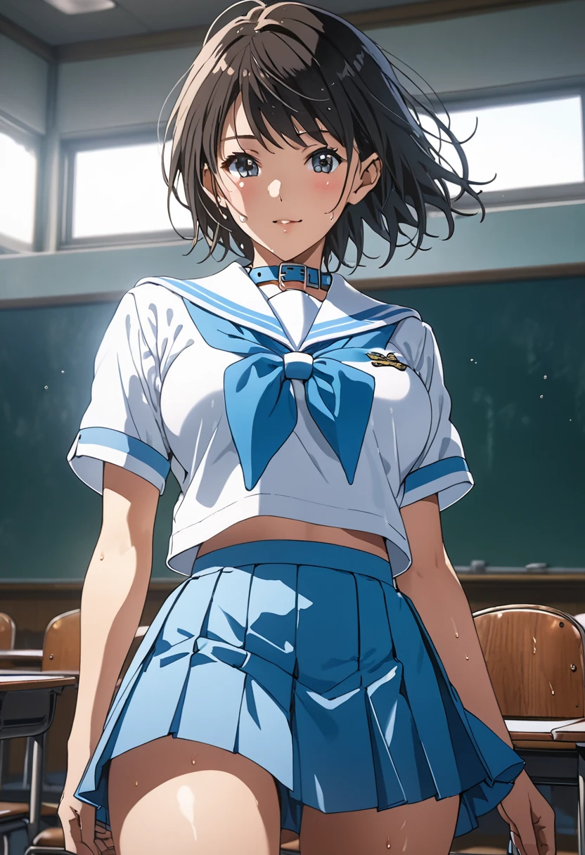 masterpiece, Best Quality, High resolution,16k,official art,super detailed skin,detailed,animated painting, (Mirei Suzuki:1.3),1990s \(style\),(white short-sleave highschool sailor uniform,skyblue mini skirt,skyblue collar:1.3)、(E-cup beautiful breasts)、clevage, (tall:1.2),height: 180cm,Fashion model body type、Sweating all over the body、vapor、Muscular、(sexy),nsfw,Sweaty、Configuration from the front、happy,Anime-style painting style,black Hair,short cut Hair,Close up on full body,Cinematic lighting,Superfine,in the school,winter,(sexy),