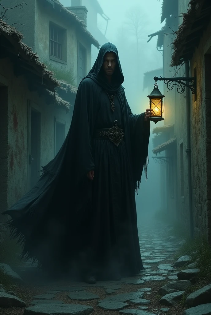Mysterious, dark village with a sinister wizard in a long black robe ...