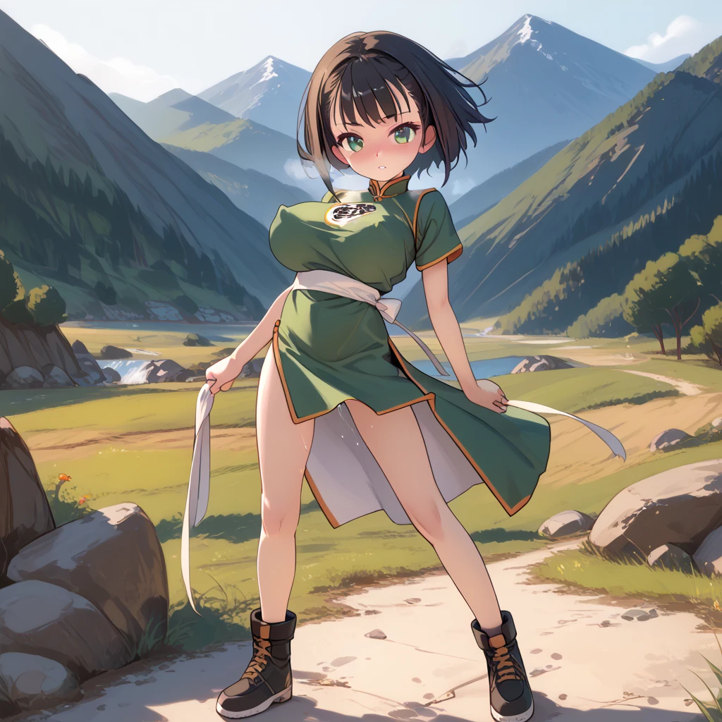 landscape, mountain, BREAK, skinny, 1 girl standing, fighter_dq3, (bouncing large breasts), (open legs), looking at viewer, BREAK, black short hair, (large breasts), bursting breasts, (too short torso), (too short waist), (too narrow waist:1.2), small stomach, skinny legs, (very long legs), BREAK, (green chinese dress:1.2), bared long legs, bottomless, slit, BREAK, nsfw, (pussy juice), coverd erectile nipples, nose blush, heavy breathing, (lactation:0.4)