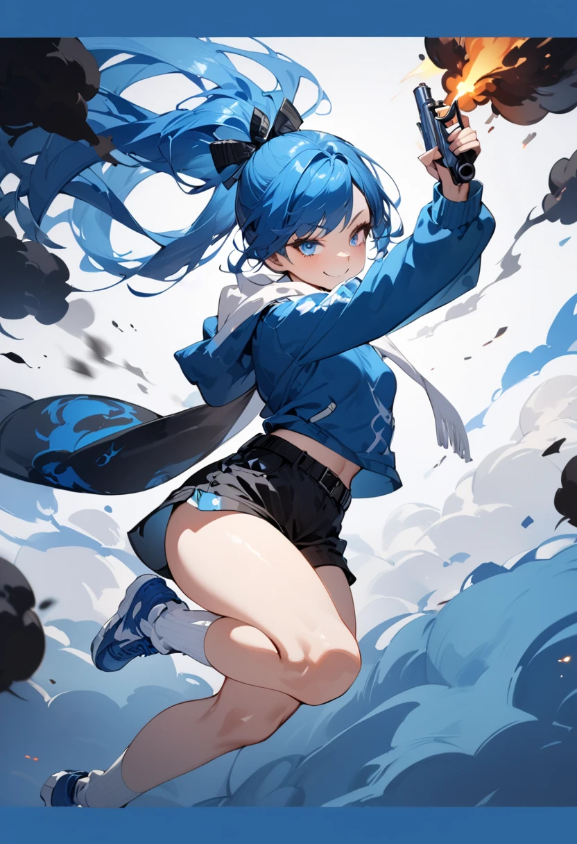 (best quality), (high detailed), (perfect body), (perfect face), one girl, Asian, smile, blue color hair, long hair, ponytail, blue eyes, small breasts, blue long-sleeve hoodie, black belt, white scarf, black shorts, white socks, blue trainers, smoke around the body, explosion background, no cloth strip on background, pistols, dynamic pose