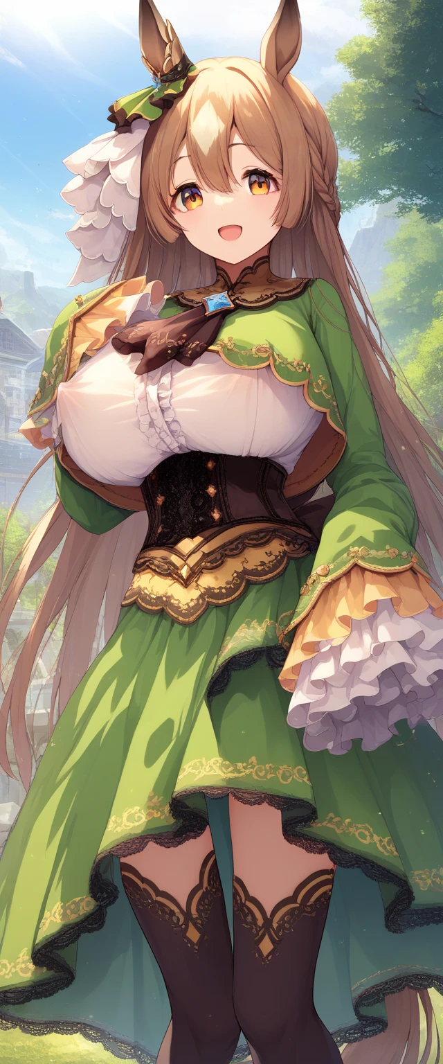 score_9, score_8_up, score_7_up, source_anime, solo, 1girl, huge breast, covered nipples, satonodef, happy, looking at viewer, half updo, braid, animal ears, ear ornament, frills, green dress, green jacket, white shirt, black ascot, sleeves past fingers, frilled sleeves, corset, green skirt, black thighhighs, horse tail, upskirt, white pantie,outdoors 