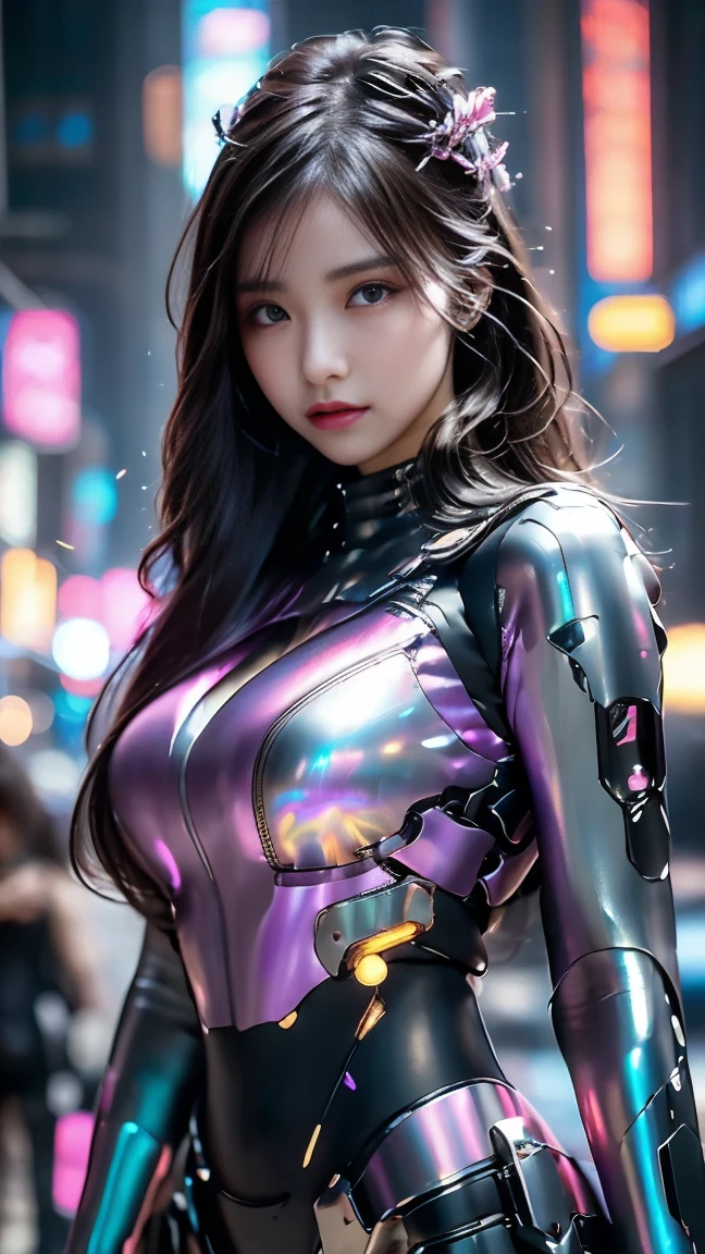 A stunning 20-year-old woman in a cyberpunk-inspired futuristic cityscape. She wears an advanced, close-fitting mechanical bodysuit with intricate glowing circuits and armor-like plating. The suit integrates seamlessly with her body, featuring a high-tech exoskeleton design, illuminated panels, and neon-lit components that highlight her movements. Her sleek visor covers one eye, projecting holographic data. The outfit balances functionality and style with futuristic aesthetics, blending metallic and flexible materials. The city around her is a vibrant cyberpunk environment with holographic advertisements, flying vehicles, and towering skyscrapers, all illuminated in neon pink, electric blue, and violet tones. Her confident and enigmatic expression adds a striking contrast to the high-tech world around her, (large breasts)