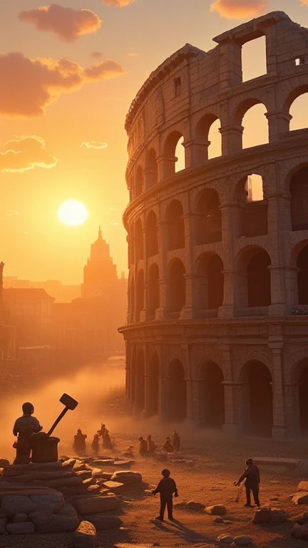  A sunrise over ancient Rome with massive gladiators hammering colossal stones into place while human workers guide them, the Colosseum's skeletal structure rising in the background. Dust and sparks fill the air, illuminated by golden sunlight disney style animation