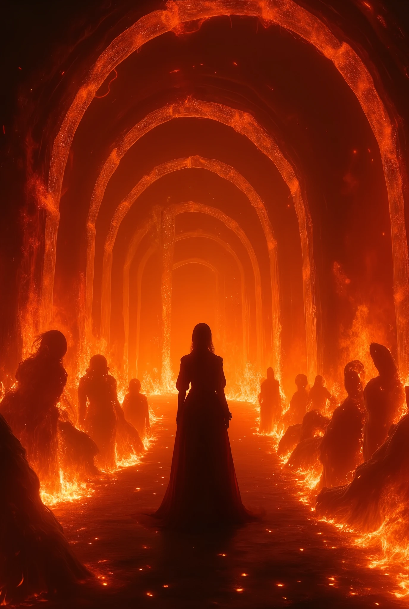 Infinite corridor, a very long infinite circular corridor with no end in sight around hell, an infinite corridor of flames in hell, where King Enma is enshrined, evil demons, a silhouette of a woman in black attire standing behind her