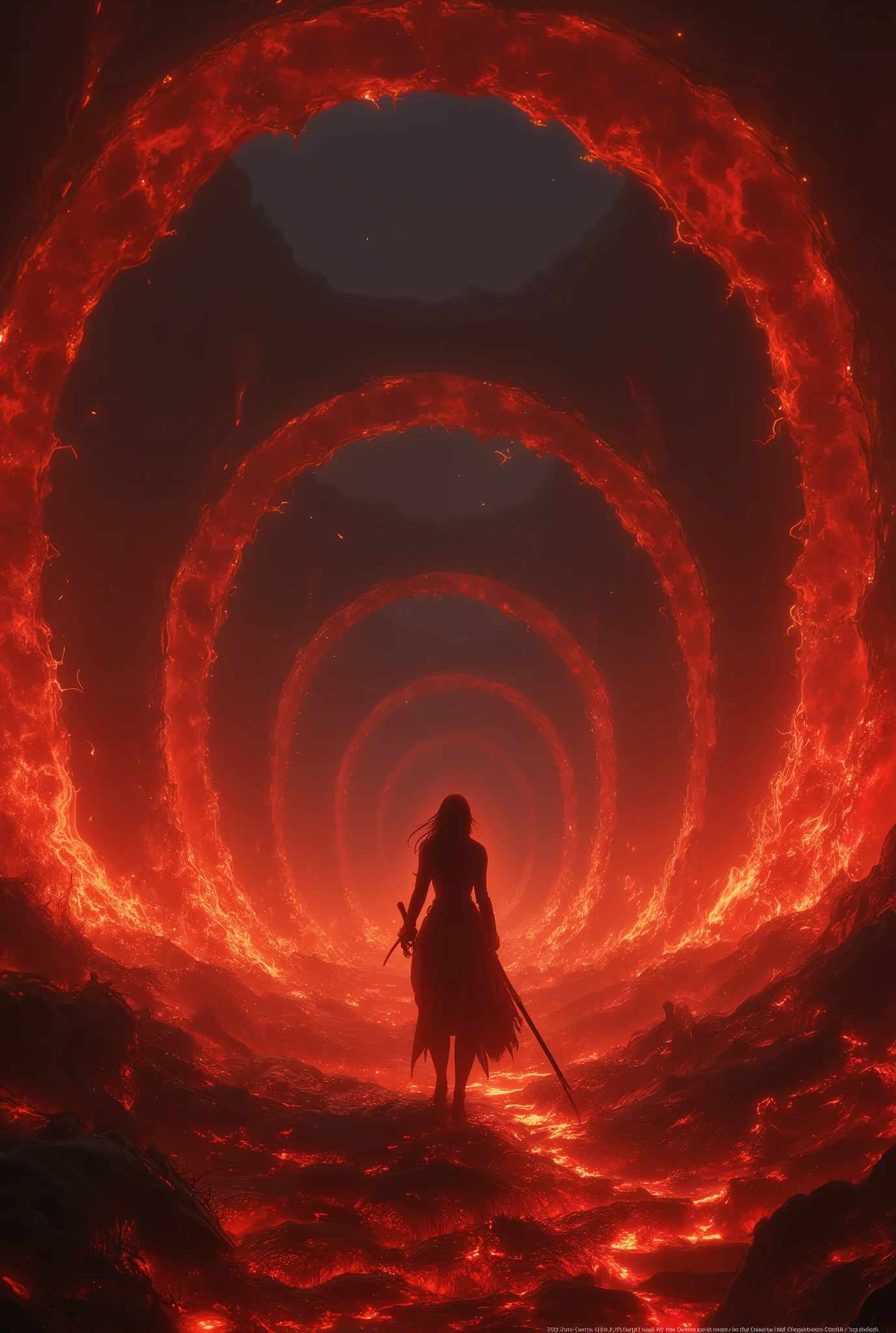 Infinite corridor, a very long infinite circular corridor with no end in sight around hell, an infinite corridor of flames in hell, where King Enma is enshrined, evil demons, a silhouette of a woman in black attire standing behind her