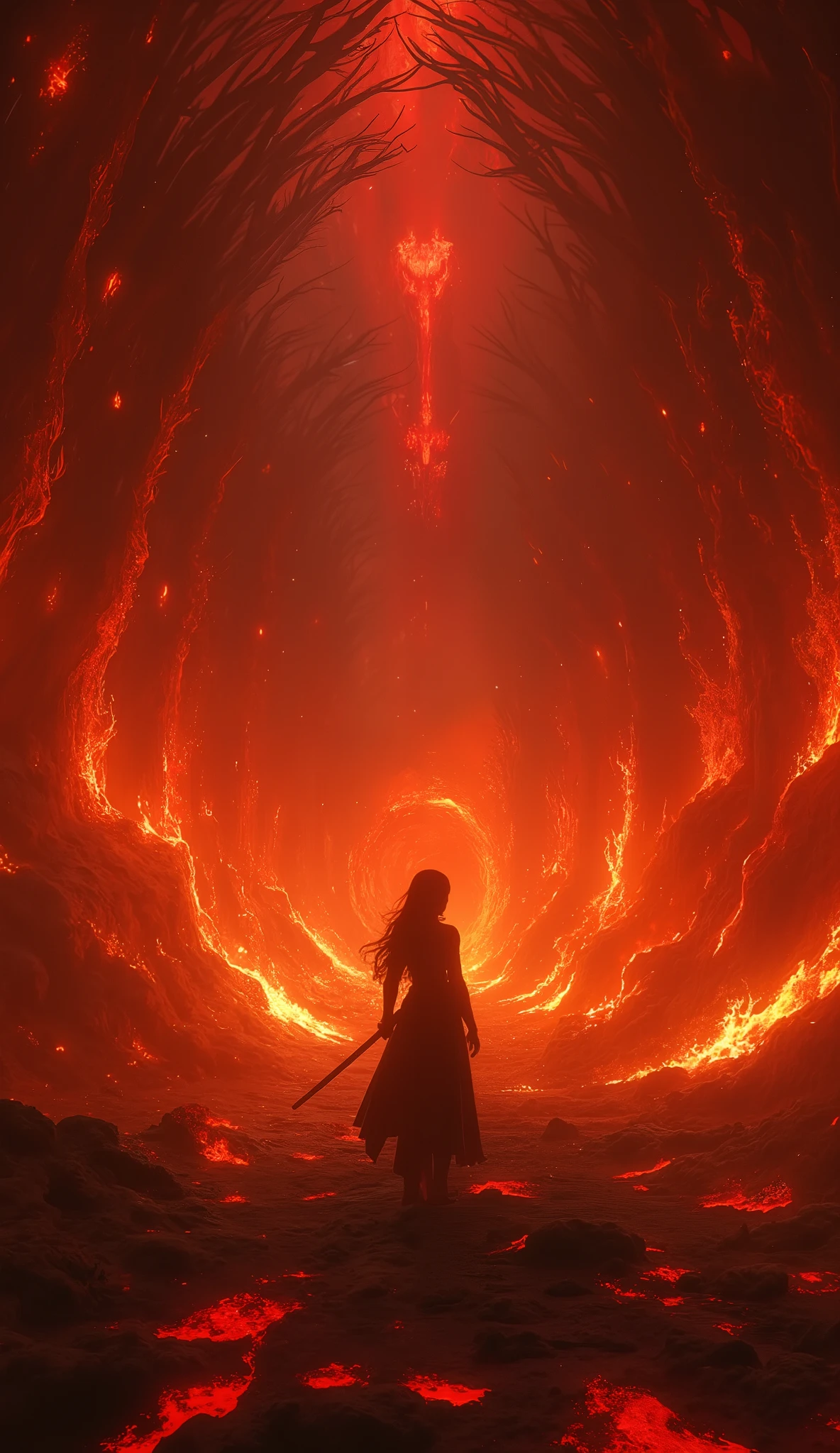 Infinite corridor, a very long infinite circular corridor with no end in sight around hell, an infinite corridor of flames in hell, where King Enma is enshrined, evil demons, a silhouette of a woman in black attire standing behind her