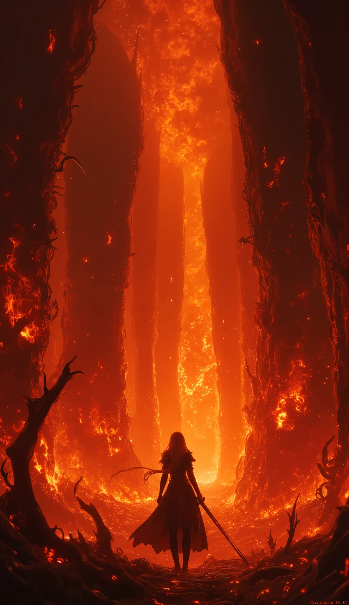 Infinite corridor, a very long infinite circular corridor with no end in sight around hell, an infinite corridor of flames in hell, where King Enma is enshrined, evil demons, a silhouette of a woman in black attire standing behind her