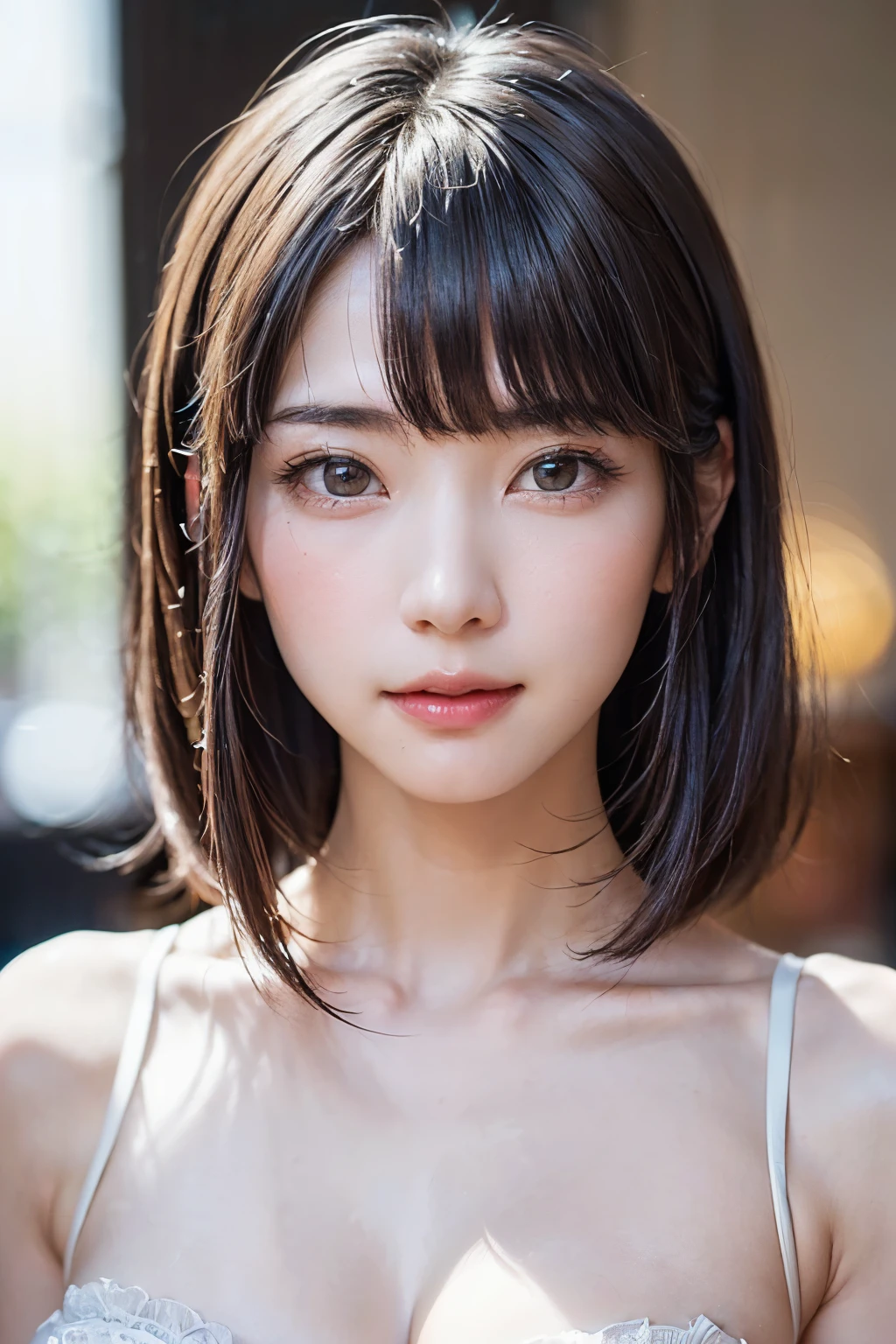 (hig彼st quality、8k、32k、masterpiece)、(Realistic)、(Realistic:1.2)、(High resolution)、((Random composition:1.6)), Very detailed、Very beautiful face and eyes、1 girl、Delicate body、(hig彼st quality、Attention to detail、Rich skin detail)、(hig彼st quality、8k、Oil paints:1.2)、Very detailed、(Realistic、Realistic:1.37)、Bright colors, (Casual Fashion:1.3), Blunt bangs,