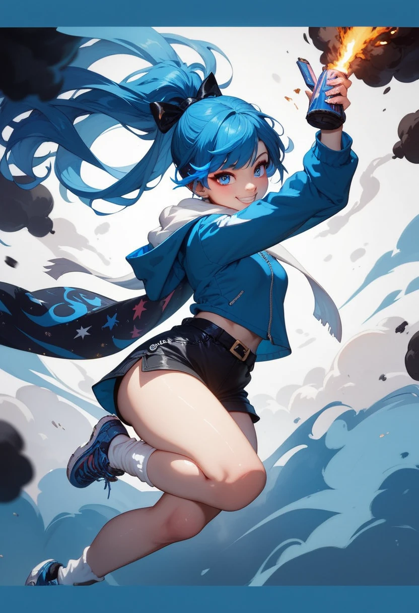 (best quality), (high detailed), (perfect body), (perfect face), one girl, Asian, smile, blue color hair, long hair, ponytail, blue eyes, small breasts, blue long-sleeve hoodie, black belt, white scarf, black shorts, white socks, blue trainers, smoke around the body, explosion background, no cloth strip on background, pistols, dynamic pose