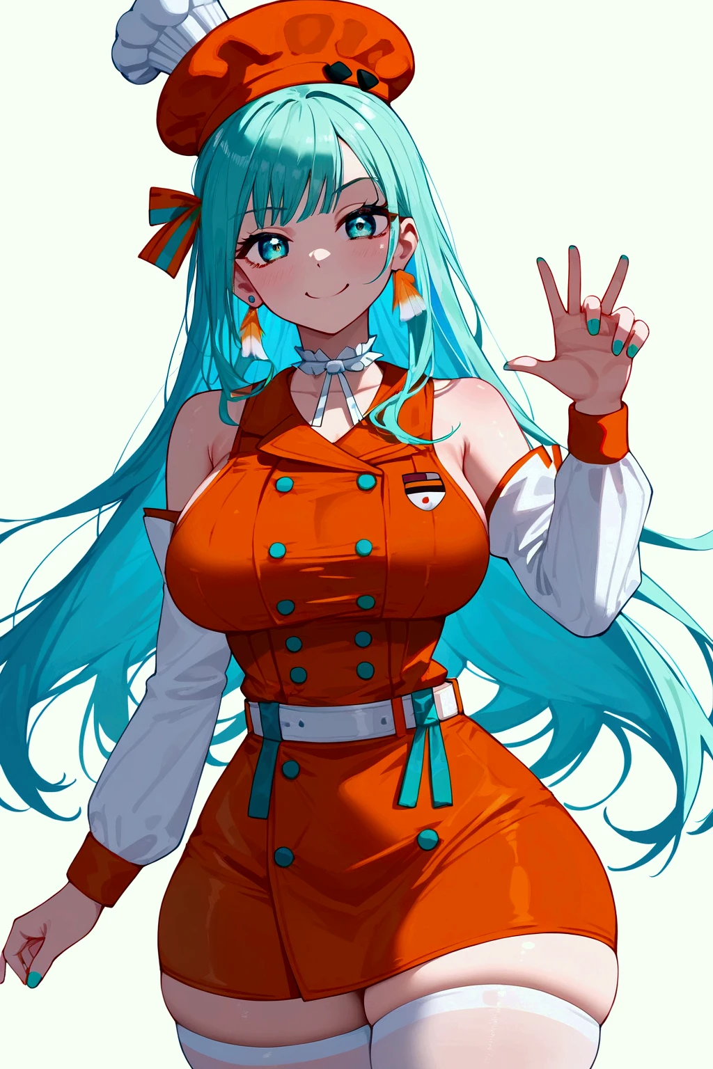 elijahzx style, score_9, score_8_up, 8k, KiaraBase, long hair, bangs, turquoise inner colored hair, feather earrings, large breasts, narrow waist, wide hips, thick thighs, turquoise nails, orange beret, mini chef hat, ribbon choker, orange vest, detached sleeves, white sleeves, midriff, orange miniskirt, orange skirt, belt, white thighhighs, white background, from front, smug, 8k, bright face, close up,