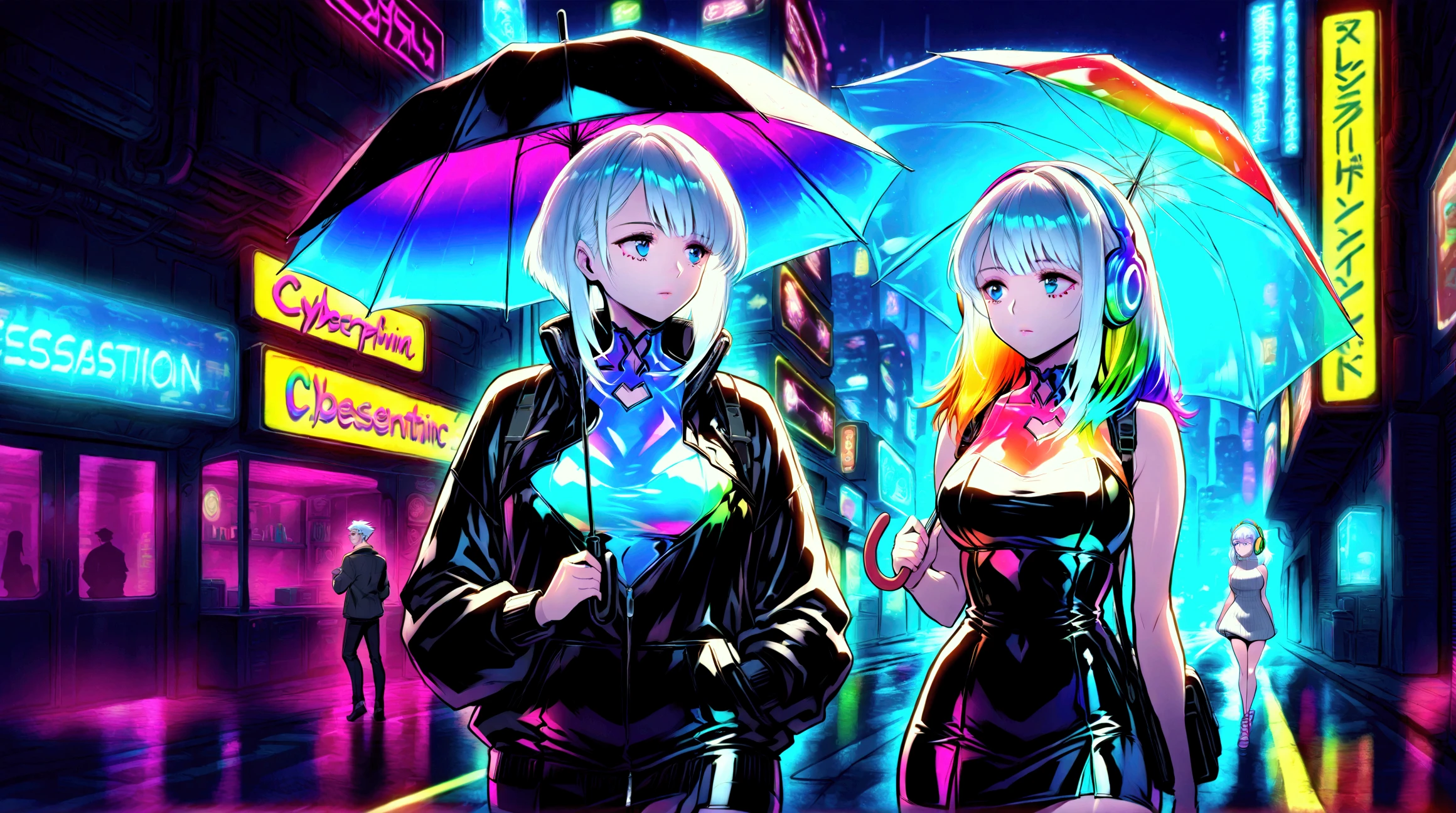 Handsome cute , Lonely,  1 female,  medium length hair,  white hair,  rainbow hair , Blue eyes,  Rainbow headphones ,
knitted dress, futuristic, cyberpunk,  Cybernetics panoramic , at night,  looking away ,  session, umbrella,