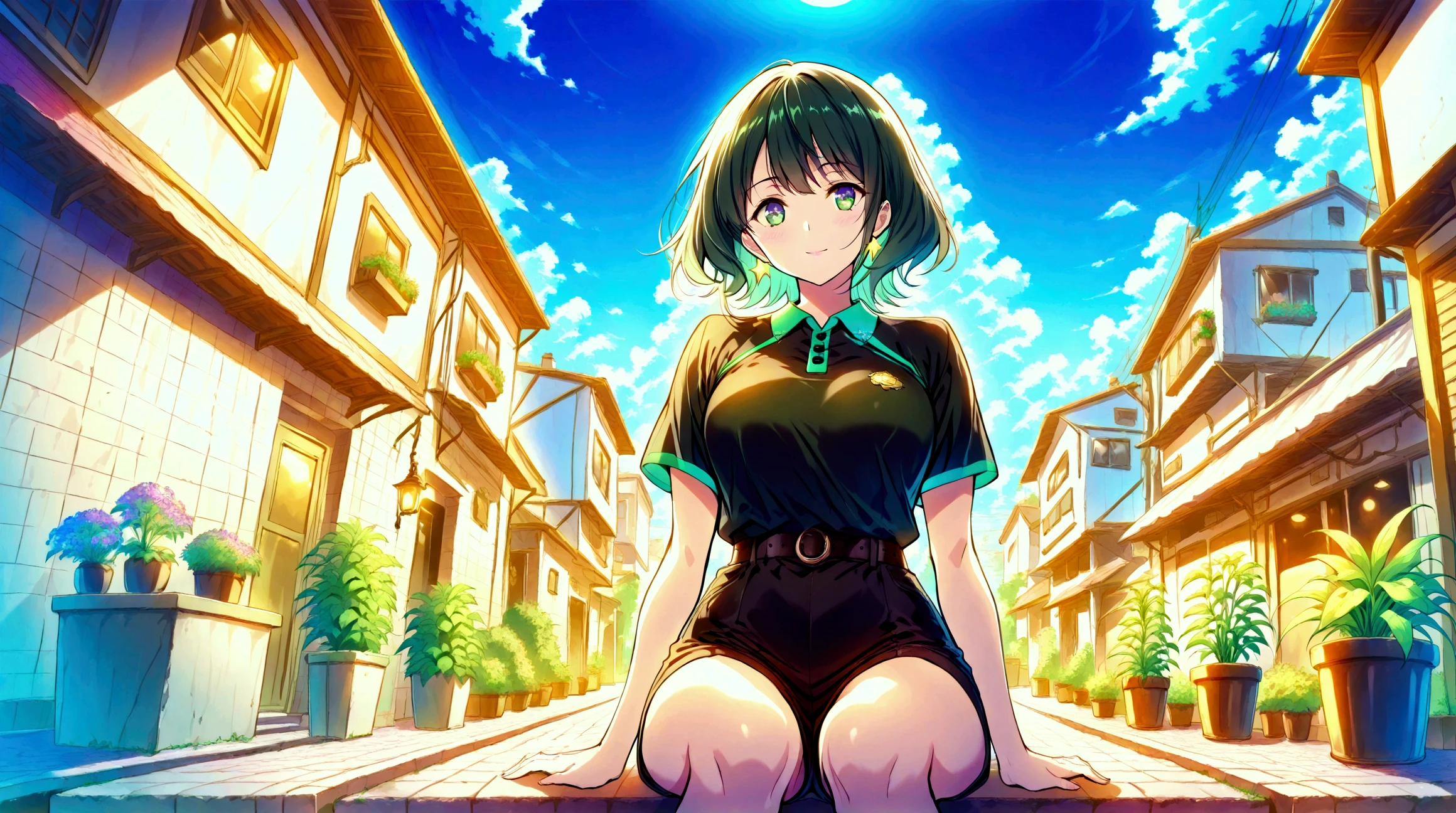 slanted angle of a lonely girl on a hasty balcony looking out into the abyss of a ghostly housing estate with tall, highly detailed buildings,
sitting in the abyss  ,calm,  intelligent ,  wears brutal and attractive style , dark green clothing,
 black ninja polo shirt and dark green stripes  ,  WELL-DEFINED EYES , 
  the atmosphere is dark blue  ,  The sky with the moon and full of many colorful stars ,  downward sloping view , 
  two-way avenue with dim lighting that has pots with beautiful plants , 
 sidewalk in the middle of the two-way road , modern style,   Detailed ,   high quality,   masterpiece,   vibrant colors , 4k