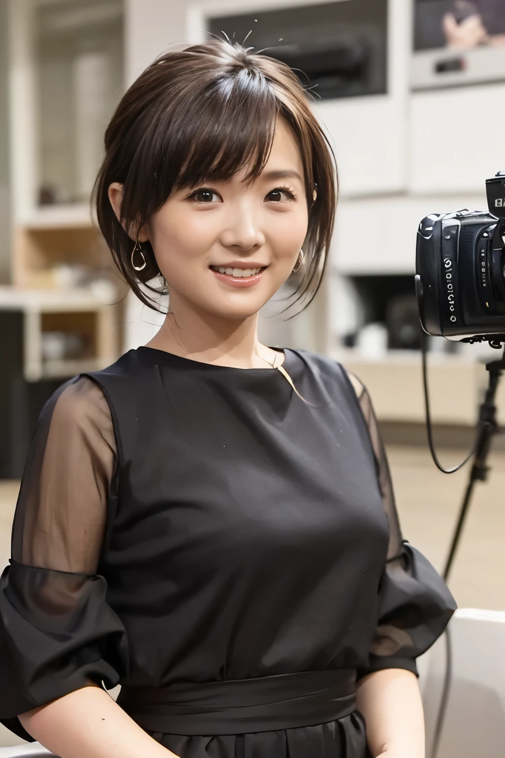 ( top quality, 8k, 32K, Masterpiece, Ultra Fine:1.2), cute Japanese girl , short black hair ,Breaking news、bangs,
Thin Waist, TV Studio 、 announcer、Live Broadcast、 smile at the camera.々 Camera Angle、Mister、